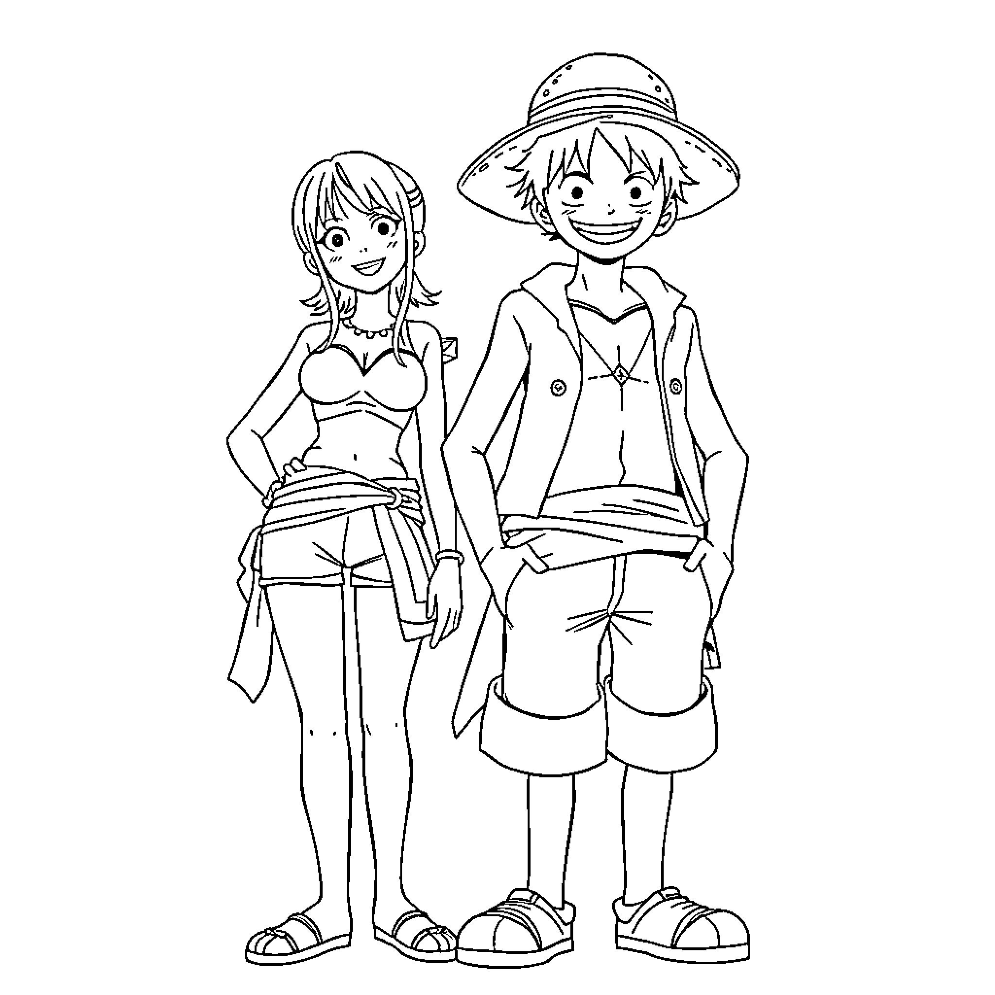 Nami and Luffy in Adventure Attire Coloring Page (free black-and-white line drawing printable PDF for all, from beginners to advanced learners, including children, teens, adults, and seniors)