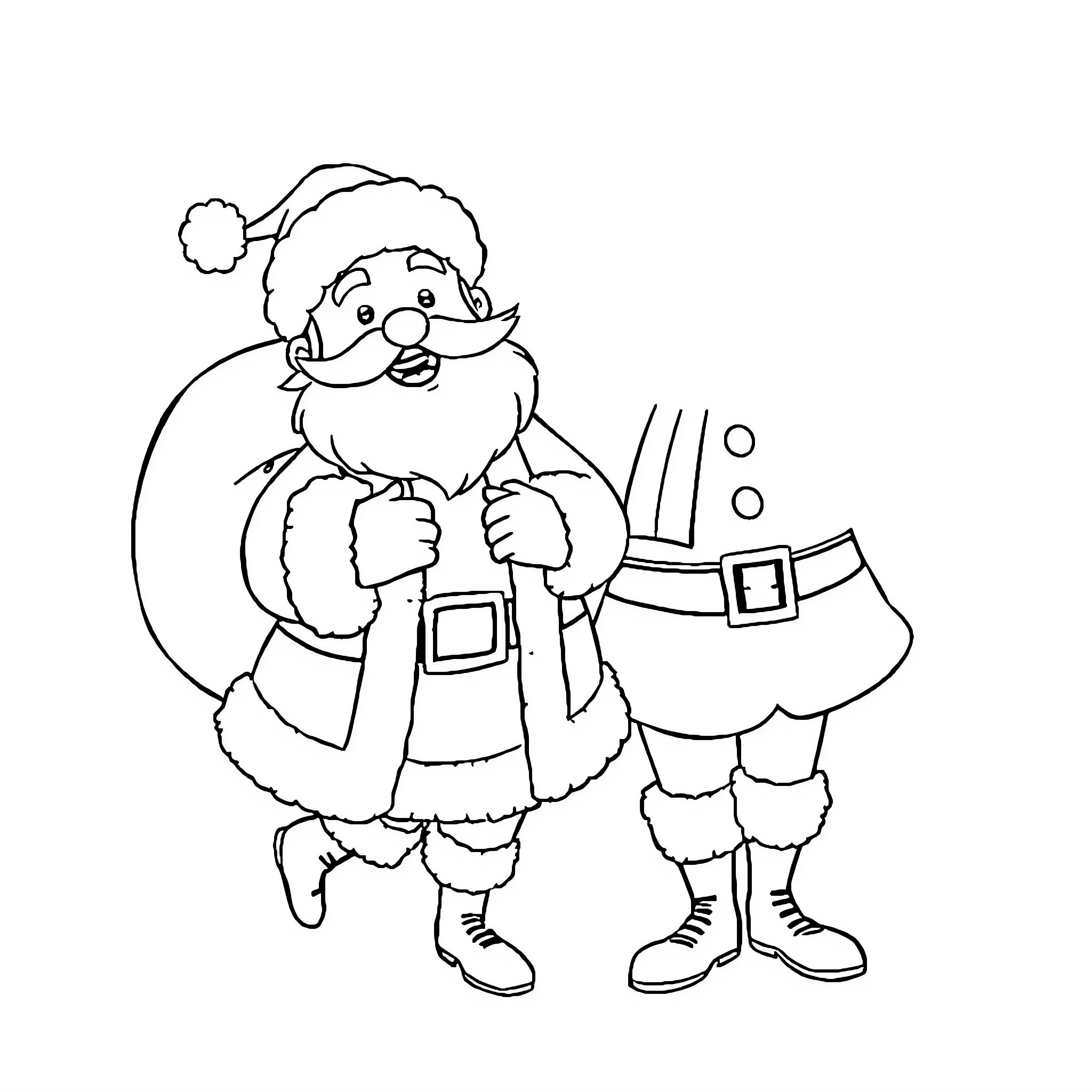 Father Christmas in a Festive Outfit Delivering Gifts Coloring Page (free black-and-white line drawing printable PDF for all, from beginners to advanced learners, including children, teens, adults, and seniors)