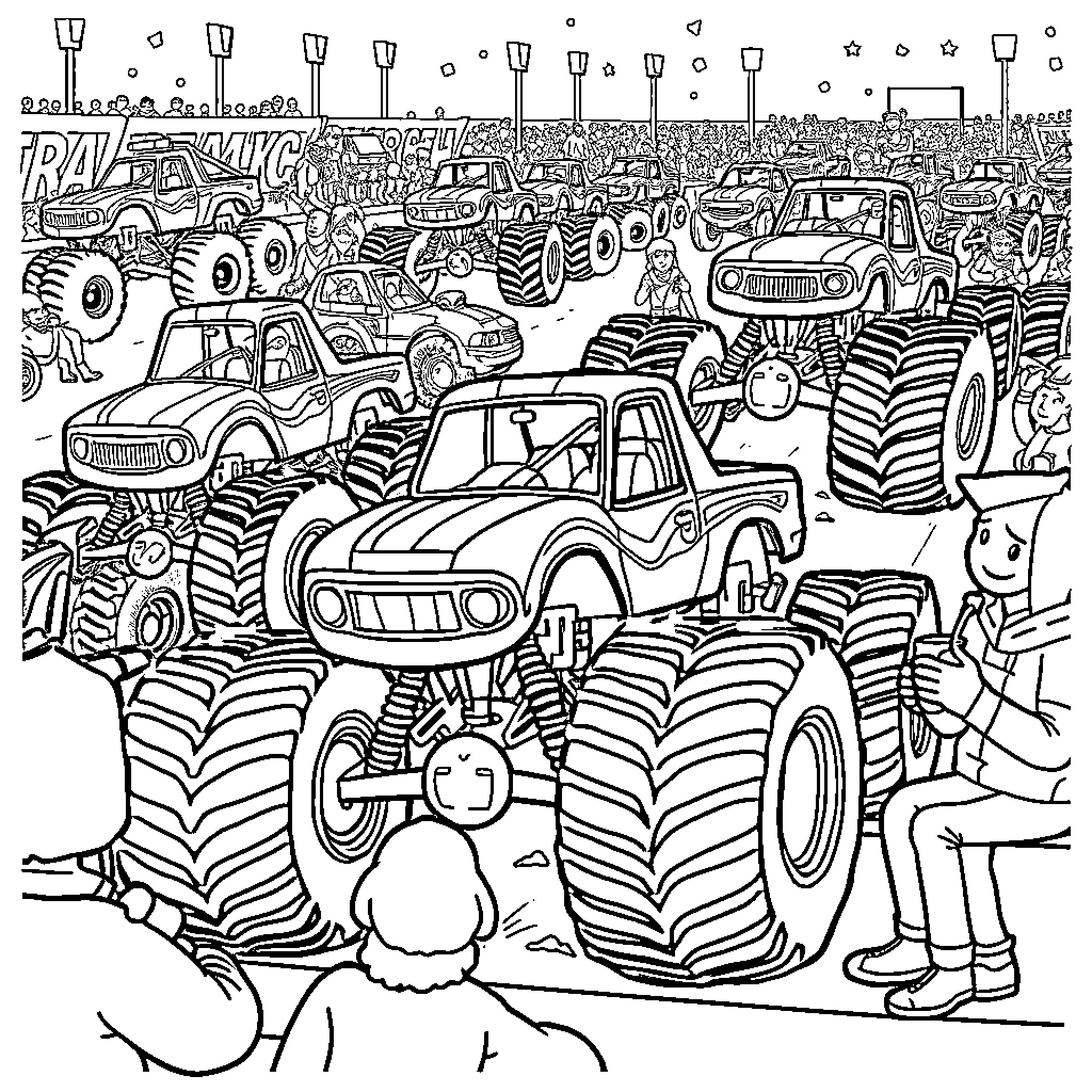 Monster Truck Rally in a Crowded Arena Coloring Page (free black-and-white line drawing printable PDF for all, from beginners to advanced learners, including children, teens, adults, and seniors)