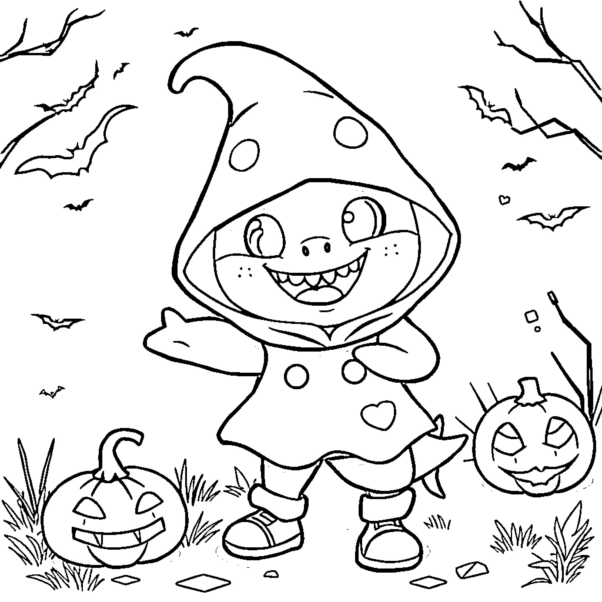 Baby Shark in Halloween Costume with Pumpkins Coloring Page (free black-and-white line drawing printable PDF for all, from beginners to advanced learners, including children, teens, adults, and seniors)