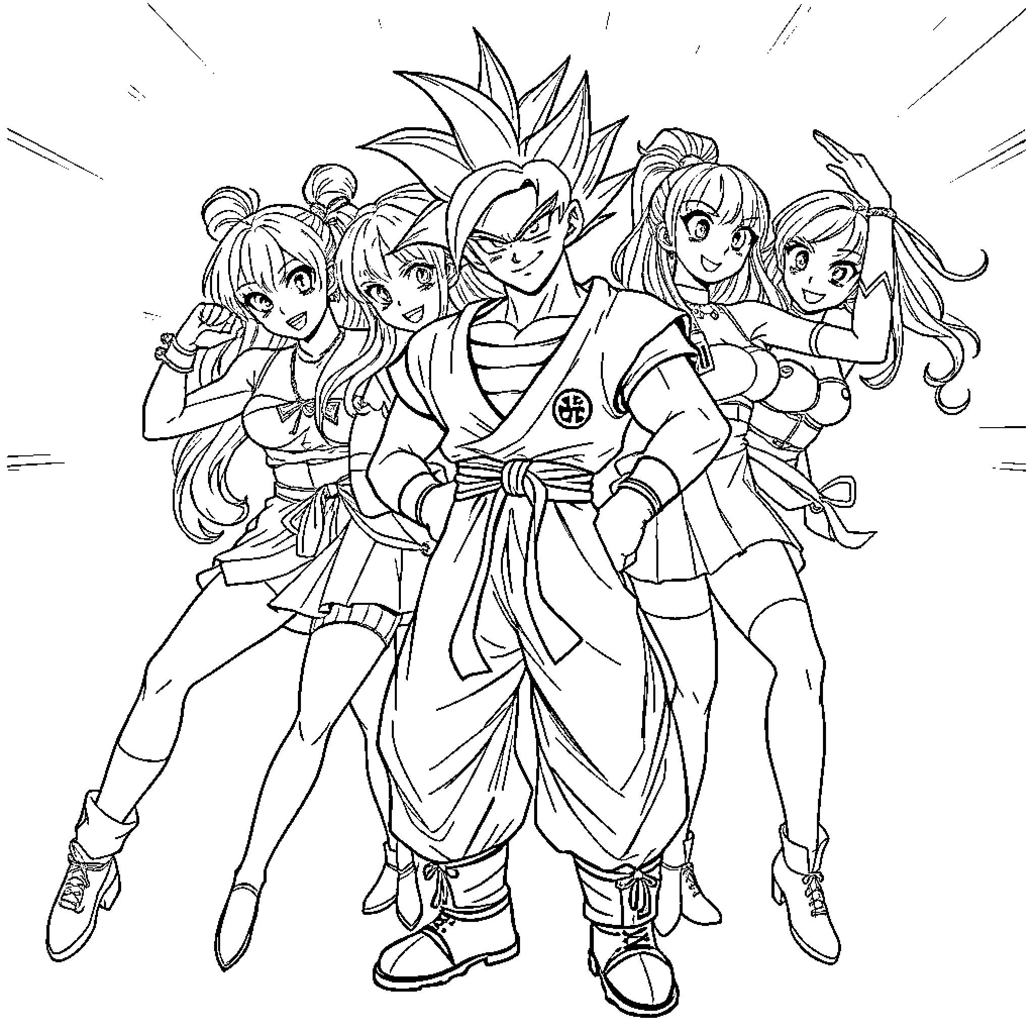 K Pop Warrior Team in Heroic Poses Coloring Page (free black-and-white line drawing printable PDF for all, from beginners to advanced learners, including children, teens, adults, and seniors)