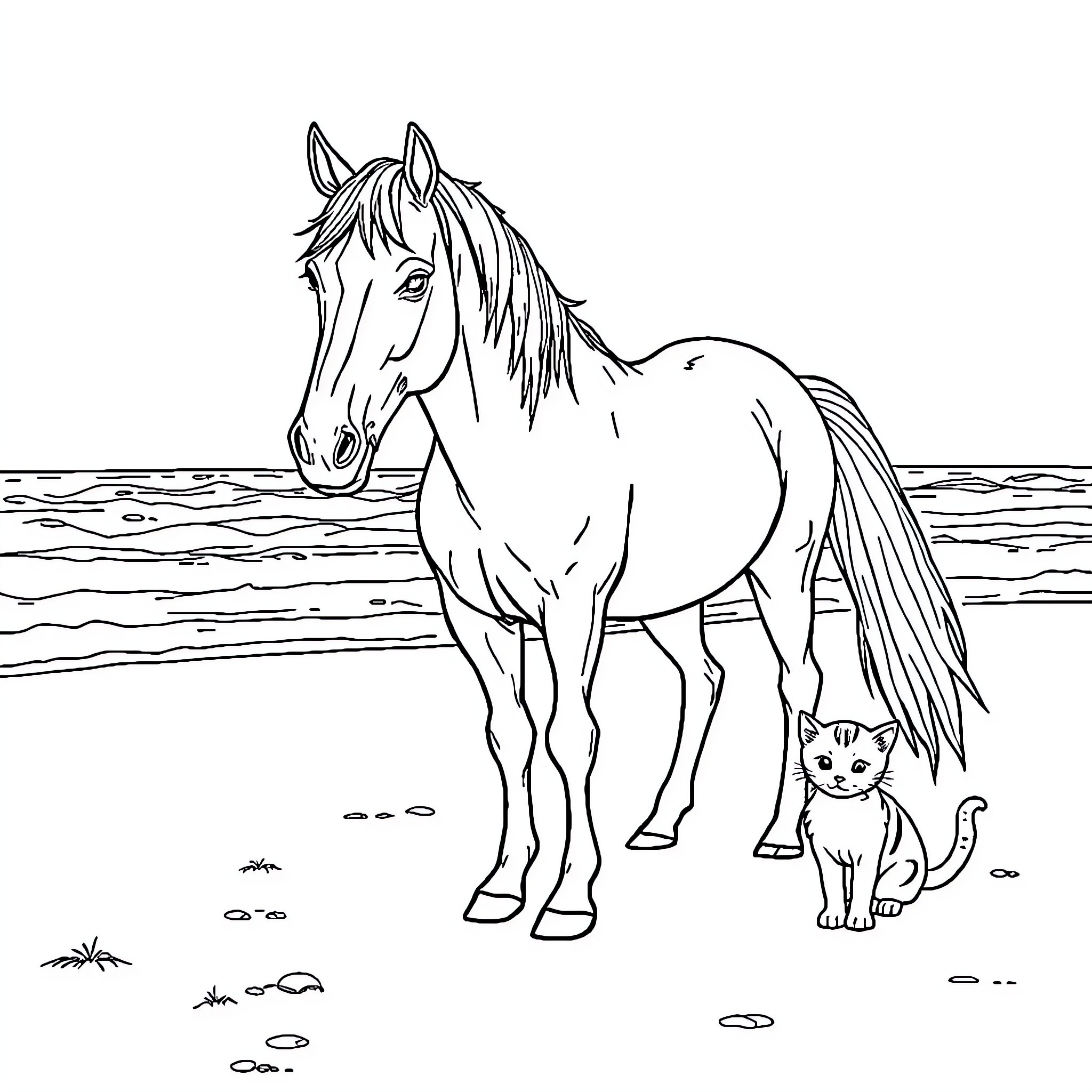 Horse standing tall with a curious cat nearby Coloring Page (free black-and-white line drawing printable PDF for all, from beginners to advanced learners, including children, teens, adults, and seniors)