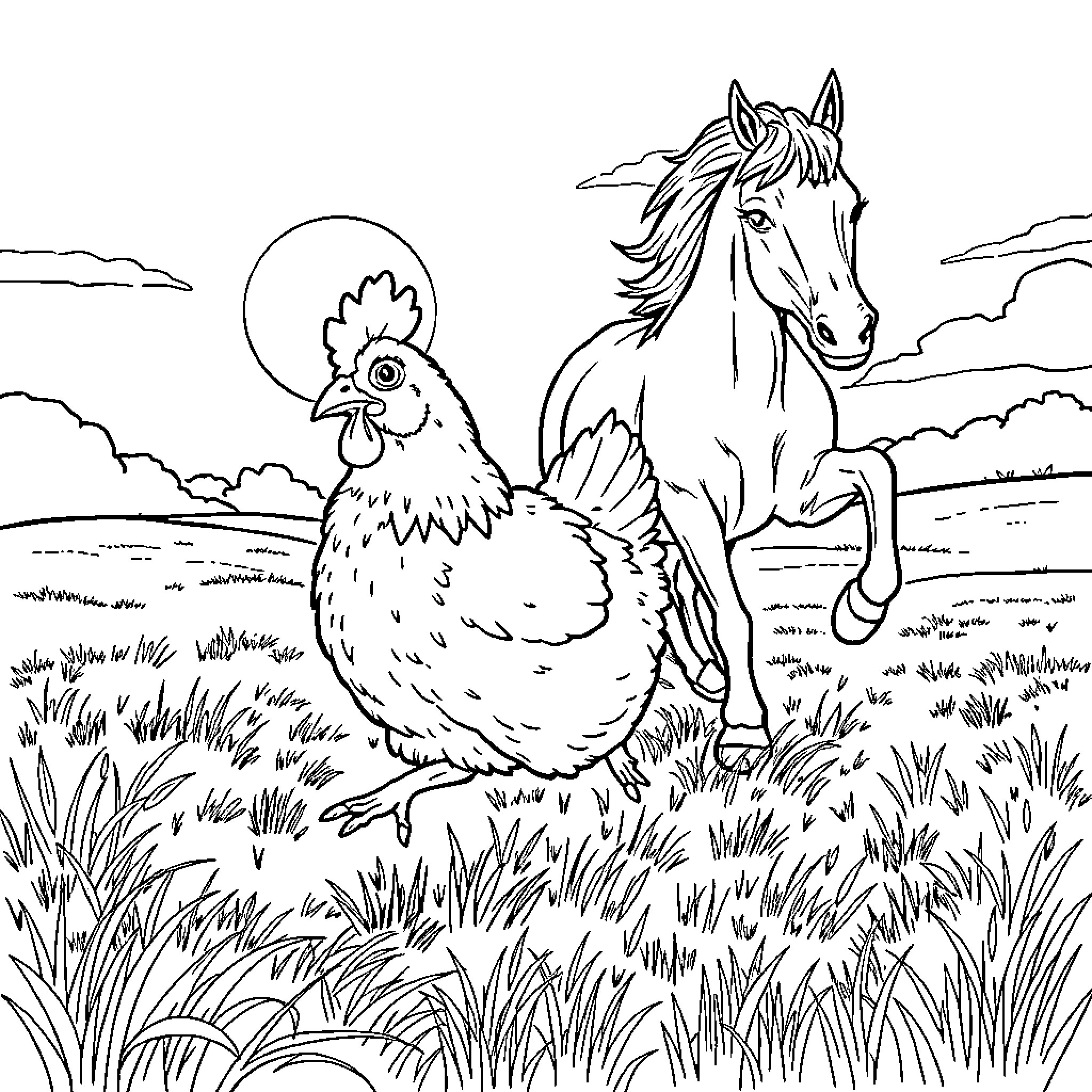 Chicken and Horse in a Pastoral Landscape Coloring Page (free black-and-white line drawing printable PDF for all, from beginners to advanced learners, including children, teens, adults, and seniors)