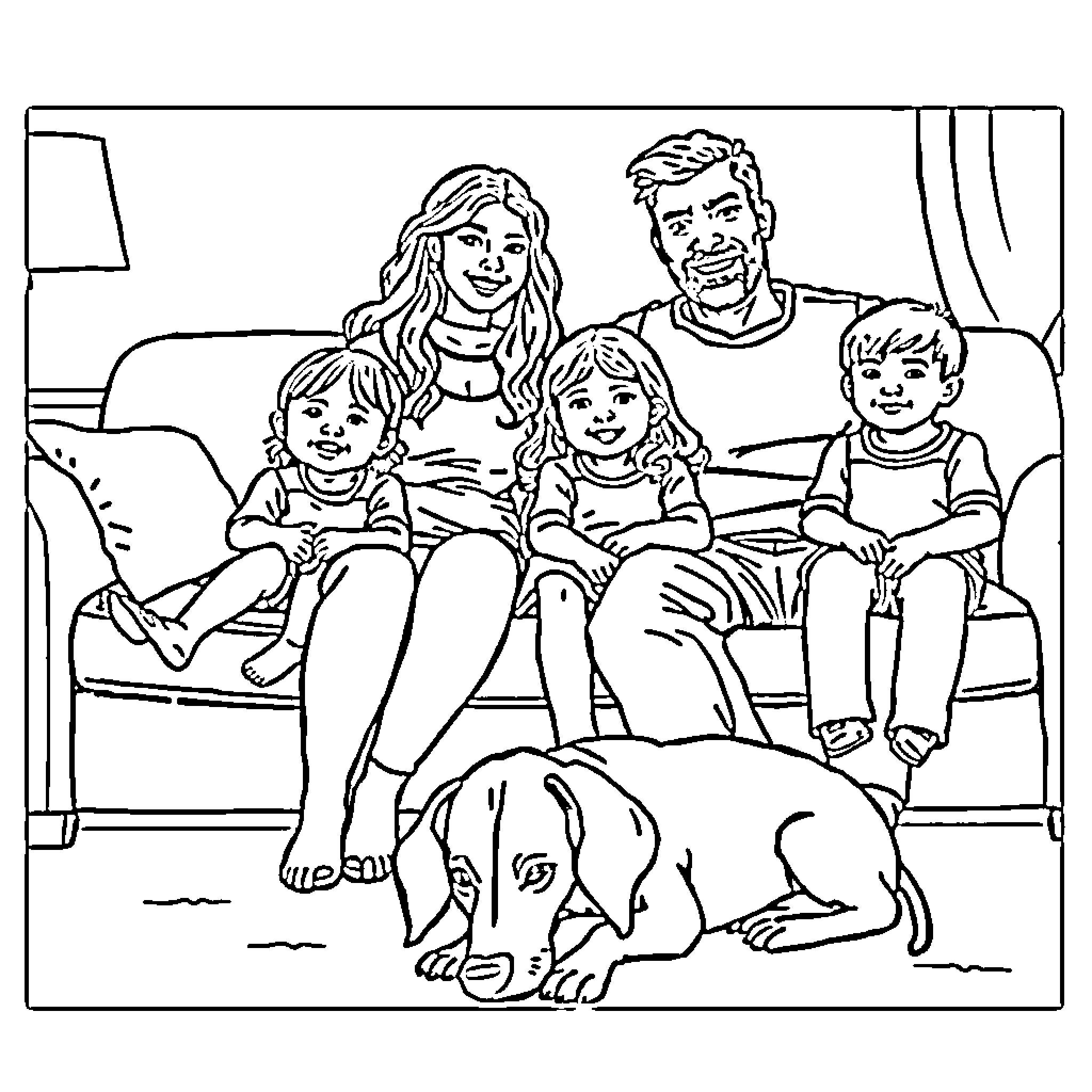 Family Relaxing Together on the Sofa Coloring Page (free black-and-white line drawing printable PDF for all, from beginners to advanced learners, including children, teens, adults, and seniors)