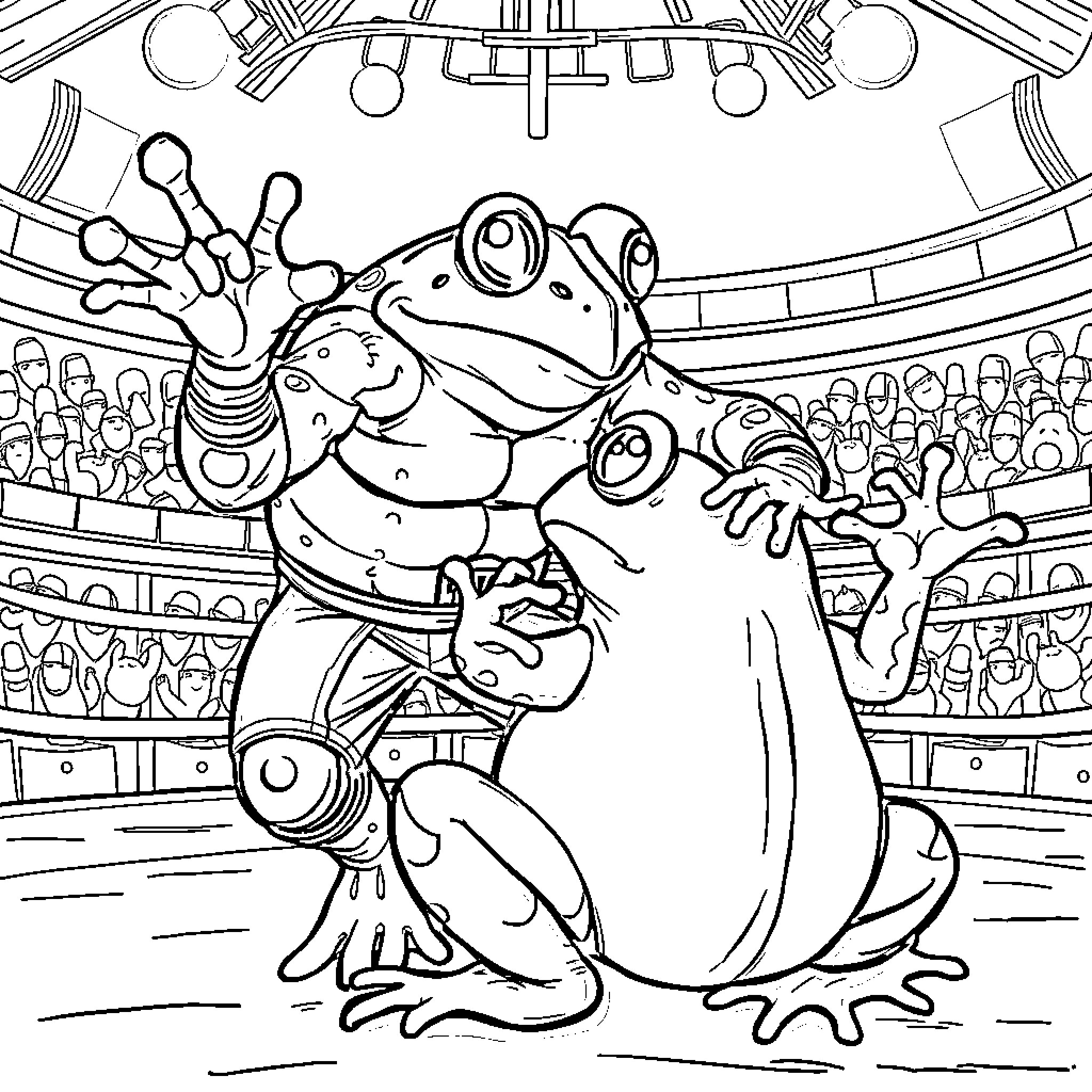 Toad performers entertaining a crowd in a circus arena Coloring Page (free black-and-white line drawing printable PDF for all, from beginners to advanced learners, including children, teens, adults, and seniors)