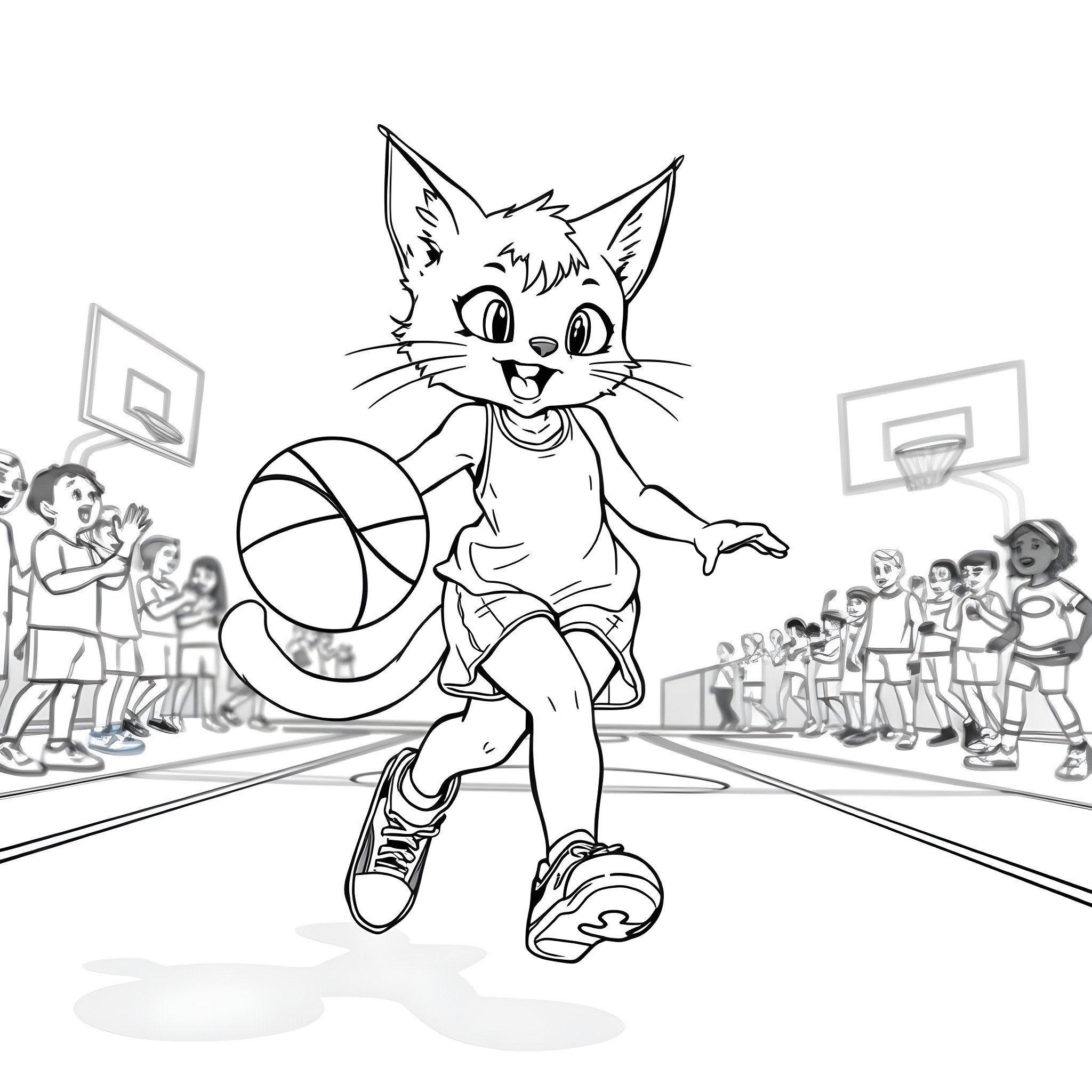 Cat Girl Playing Basketball on the Court Coloring Page (free black-and-white line drawing printable PDF for all, from beginners to advanced learners, including children, teens, adults, and seniors)