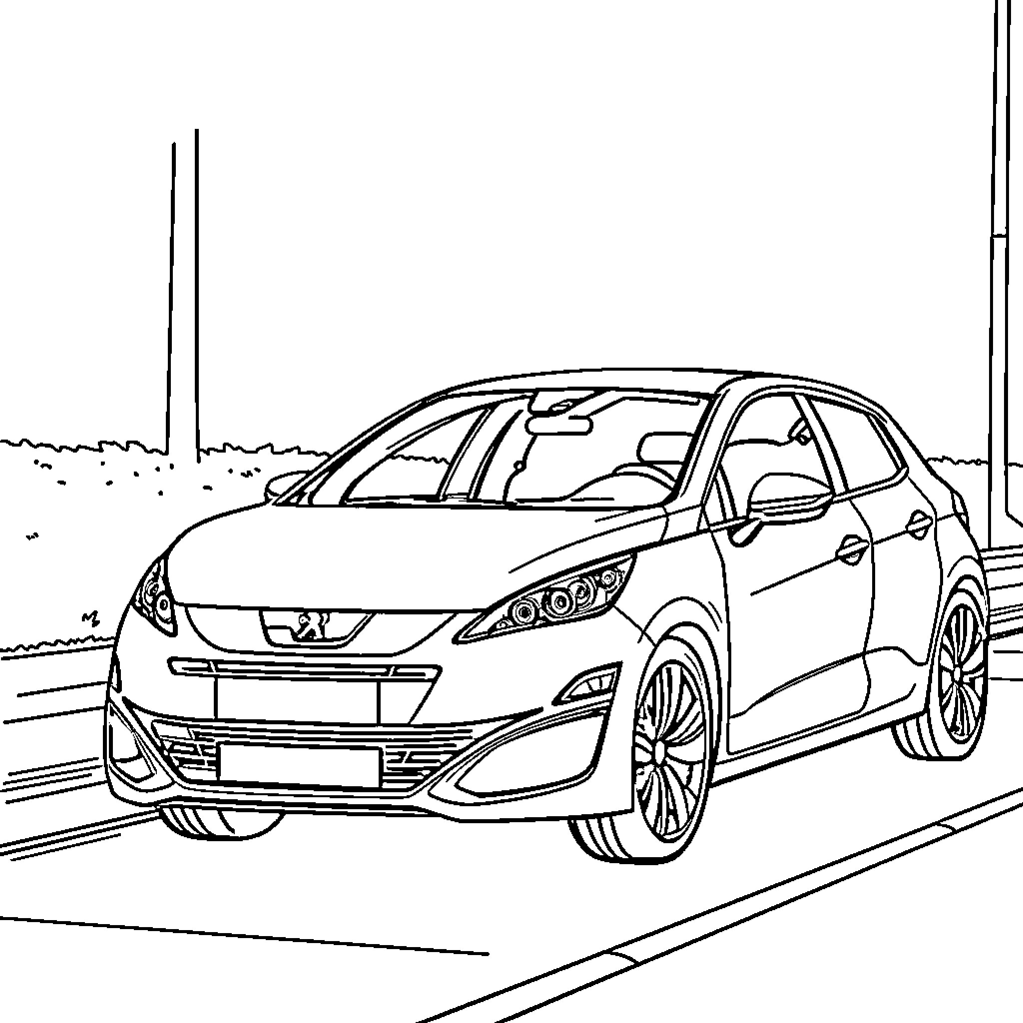 Peugeot hatchback on the road with simple background Coloring Page (free black-and-white line drawing printable PDF for all, from beginners to advanced learners, including children, teens, adults, and seniors)