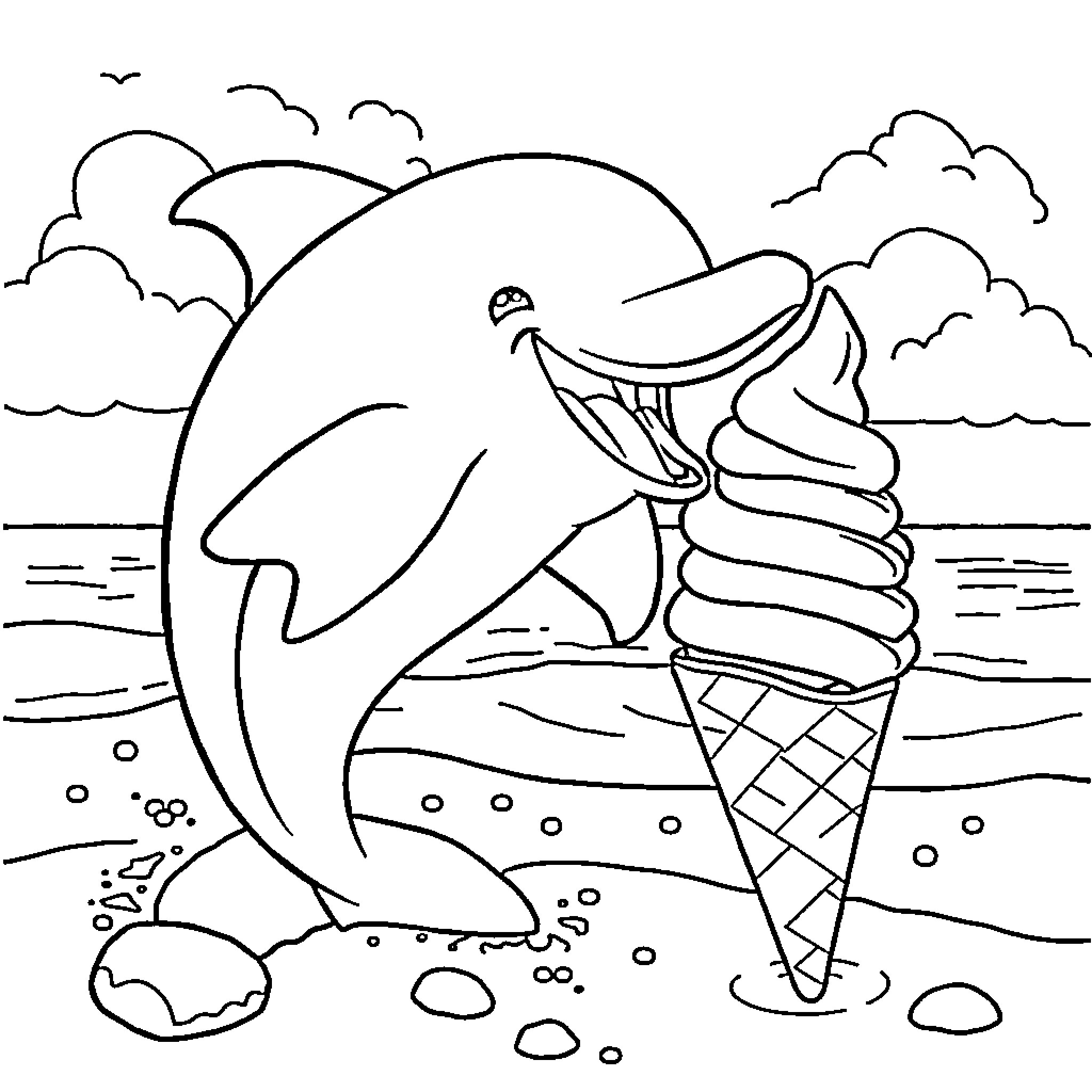 Dolphin playing with ice cream by the beach Coloring Page (free black-and-white line drawing printable PDF for all, from beginners to advanced learners, including children, teens, adults, and seniors)
