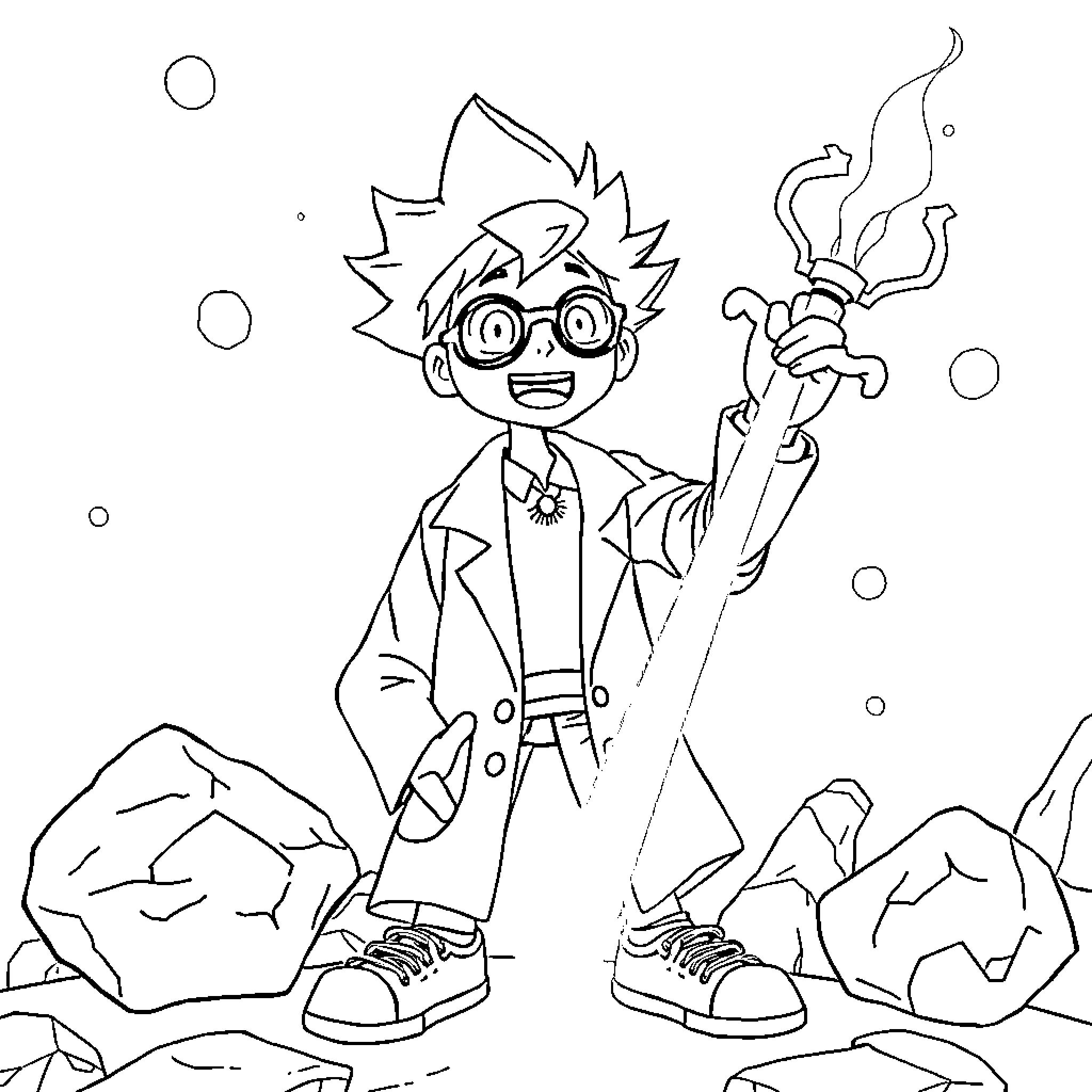 Dr Stone: Scientist exploring the wilderness Coloring Page (free black-and-white line drawing printable PDF for all, from beginners to advanced learners, including children, teens, adults, and seniors)