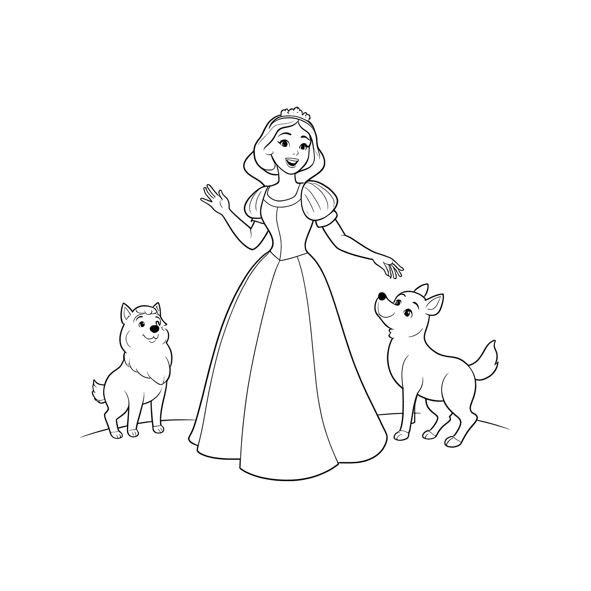 Snow White with her animal friends Coloring Page (free black-and-white line drawing printable PDF for all, from beginners to advanced learners, including children, teens, adults, and seniors)