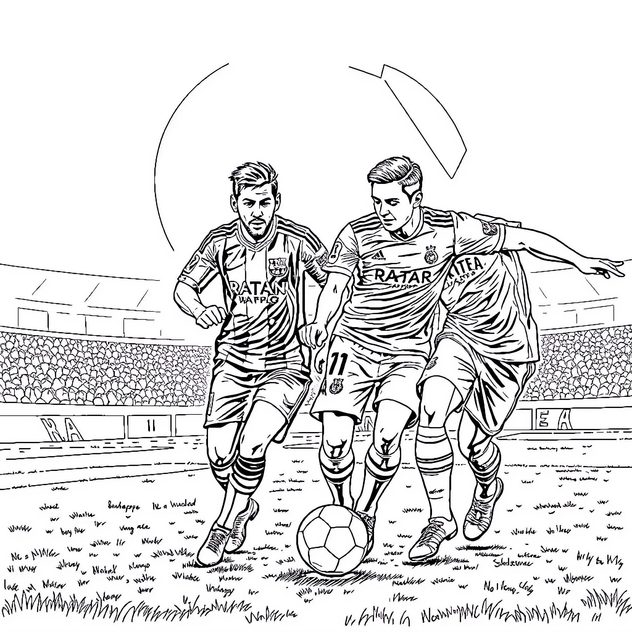 Football Players Competing on the Field Coloring Page (free black-and-white line drawing printable PDF for all, from beginners to advanced learners, including children, teens, adults, and seniors)