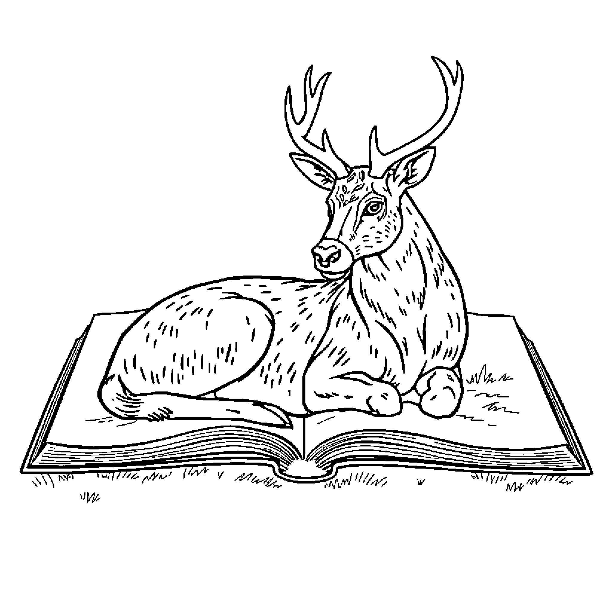 Deer relaxing on an open book Coloring Page (free black-and-white line drawing printable PDF for all, from beginners to advanced learners, including children, teens, adults, and seniors)