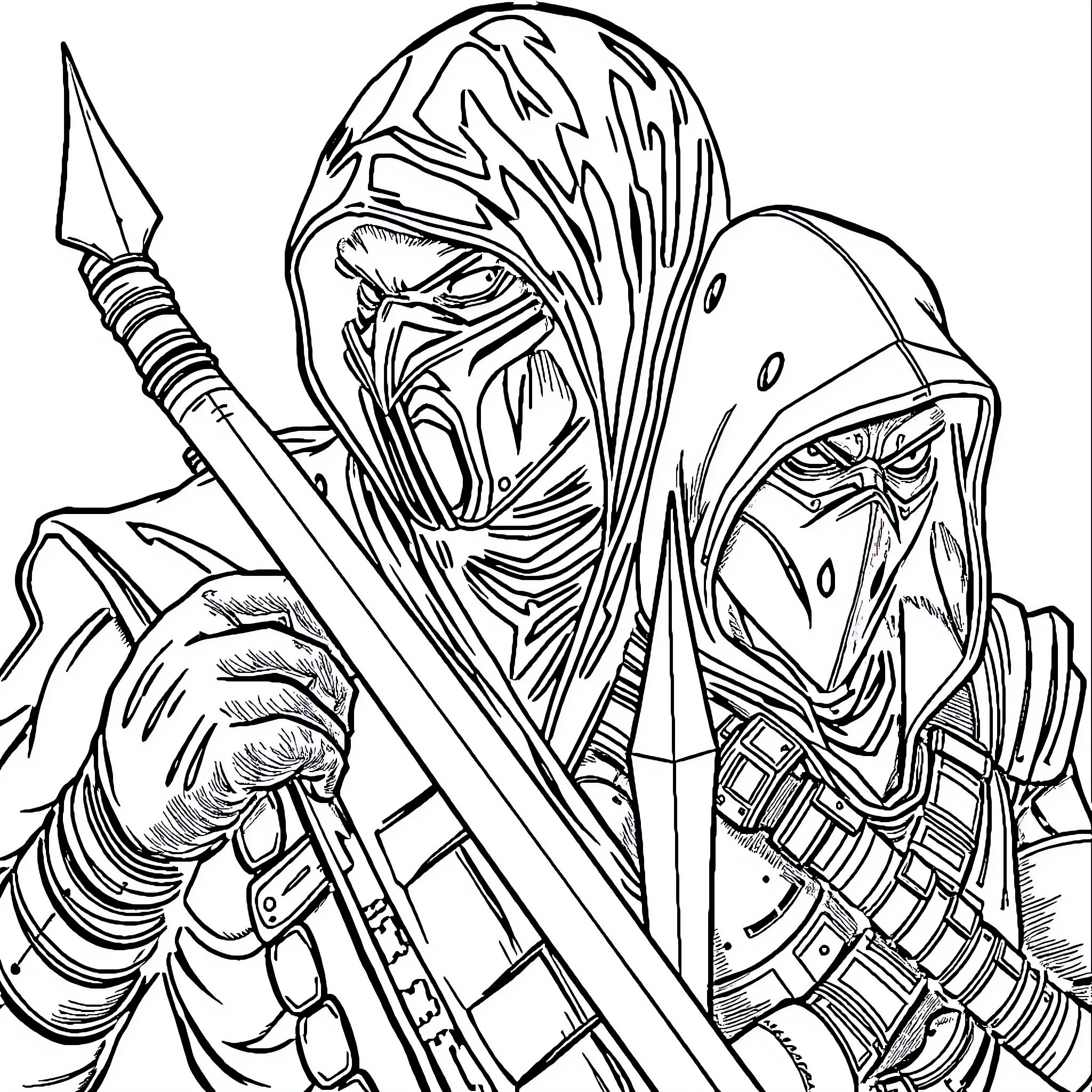 Mortal Kombat Masked Warrior with Sword and Armor Coloring Page (free black-and-white line drawing printable PDF for all, from beginners to advanced learners, including children, teens, adults, and seniors)
