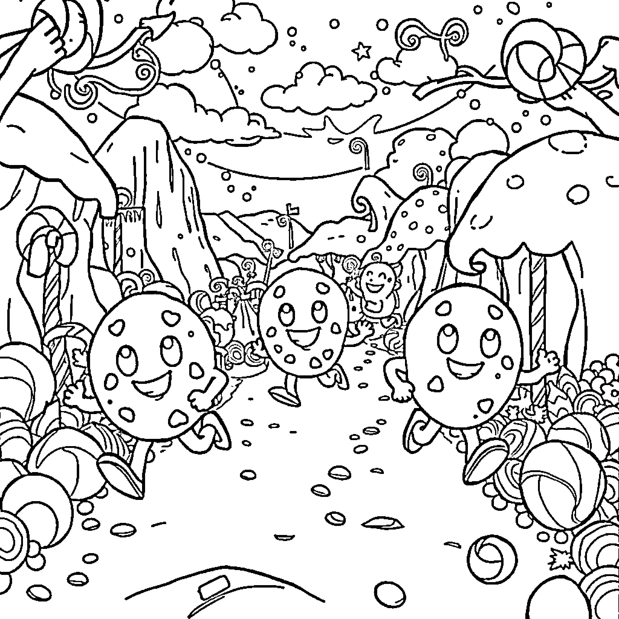 Cookie Run: Adventurous Characters Explore Whimsical Landscape Coloring Page (free black-and-white line drawing printable PDF for all, from beginners to advanced learners, including children, teens, adults, and seniors)