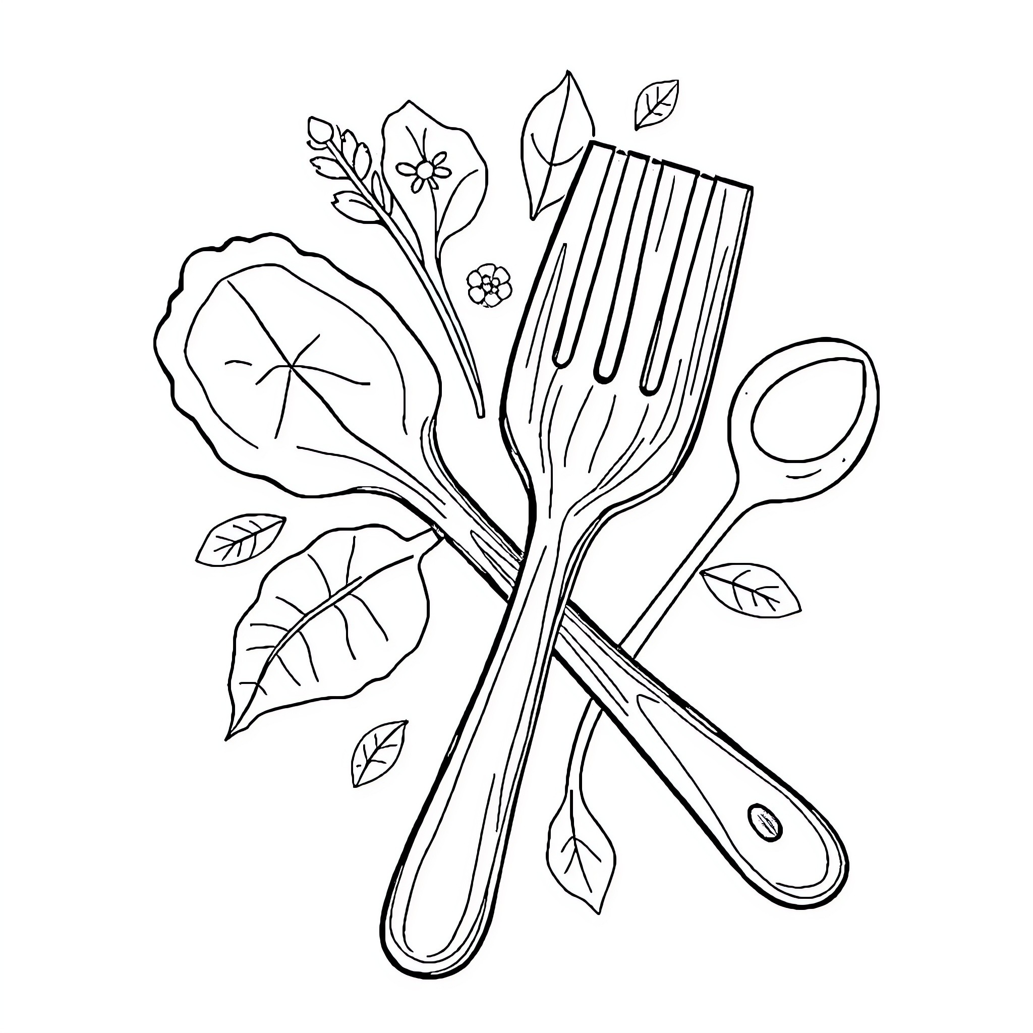 Spork and Floral Dining Utensils Coloring Page (free black-and-white line drawing printable PDF for all, from beginners to advanced learners, including children, teens, adults, and seniors)