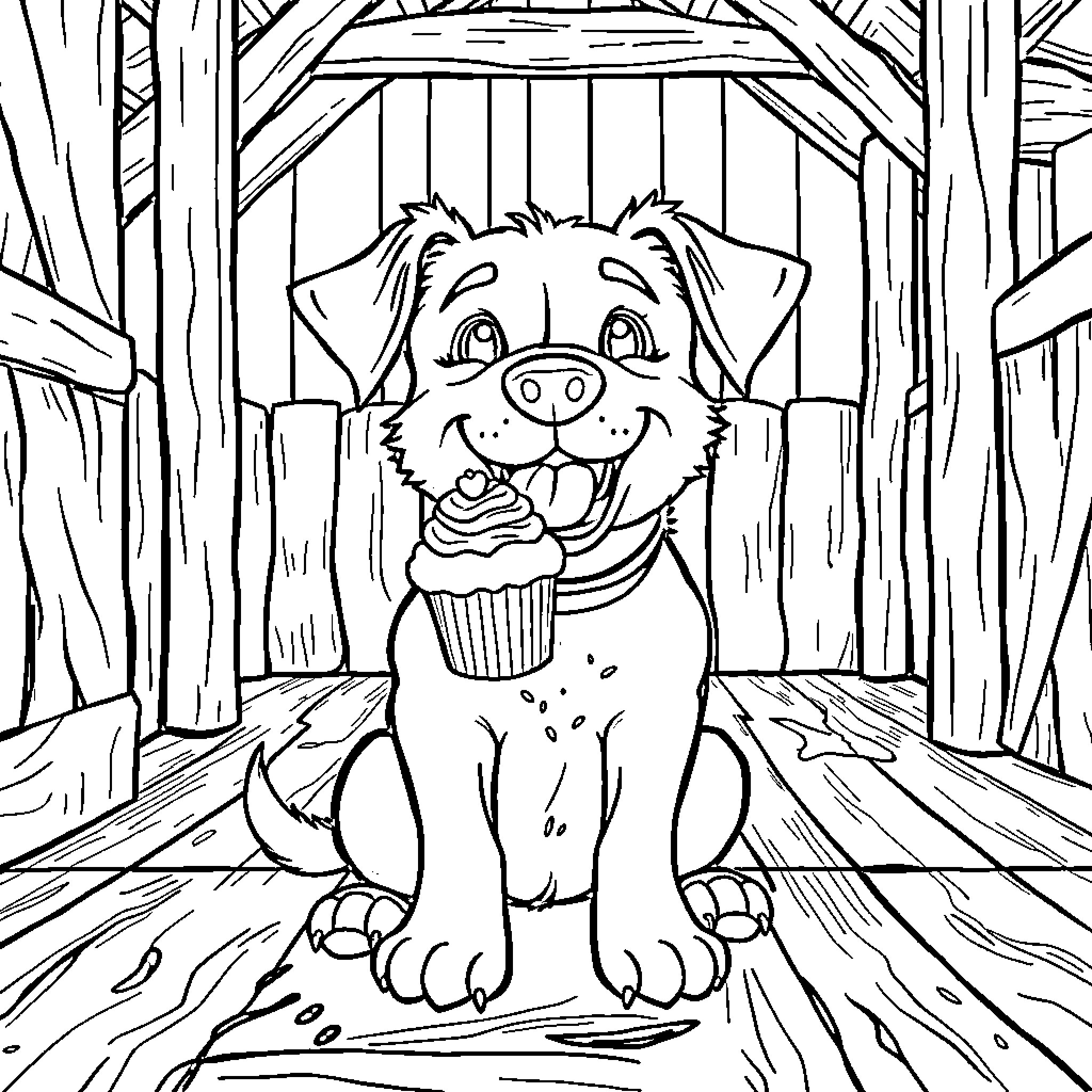 Dog enjoying a cupcake in the rustic barn Coloring Page (free black-and-white line drawing printable PDF for all, from beginners to advanced learners, including children, teens, adults, and seniors)