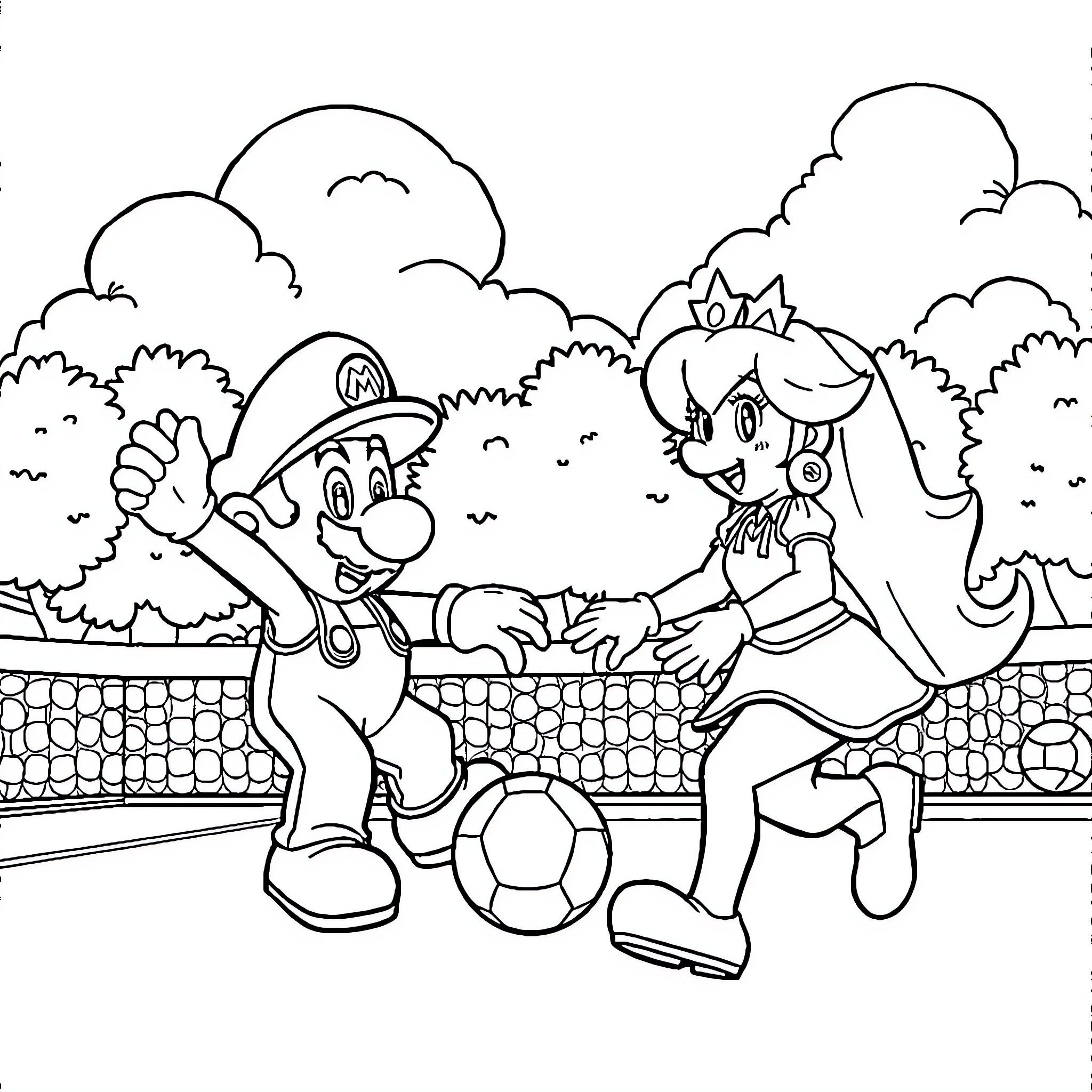 Mario and Peach playing soccer in the park Coloring Page (free black-and-white line drawing printable PDF for all, from beginners to advanced learners, including children, teens, adults, and seniors)