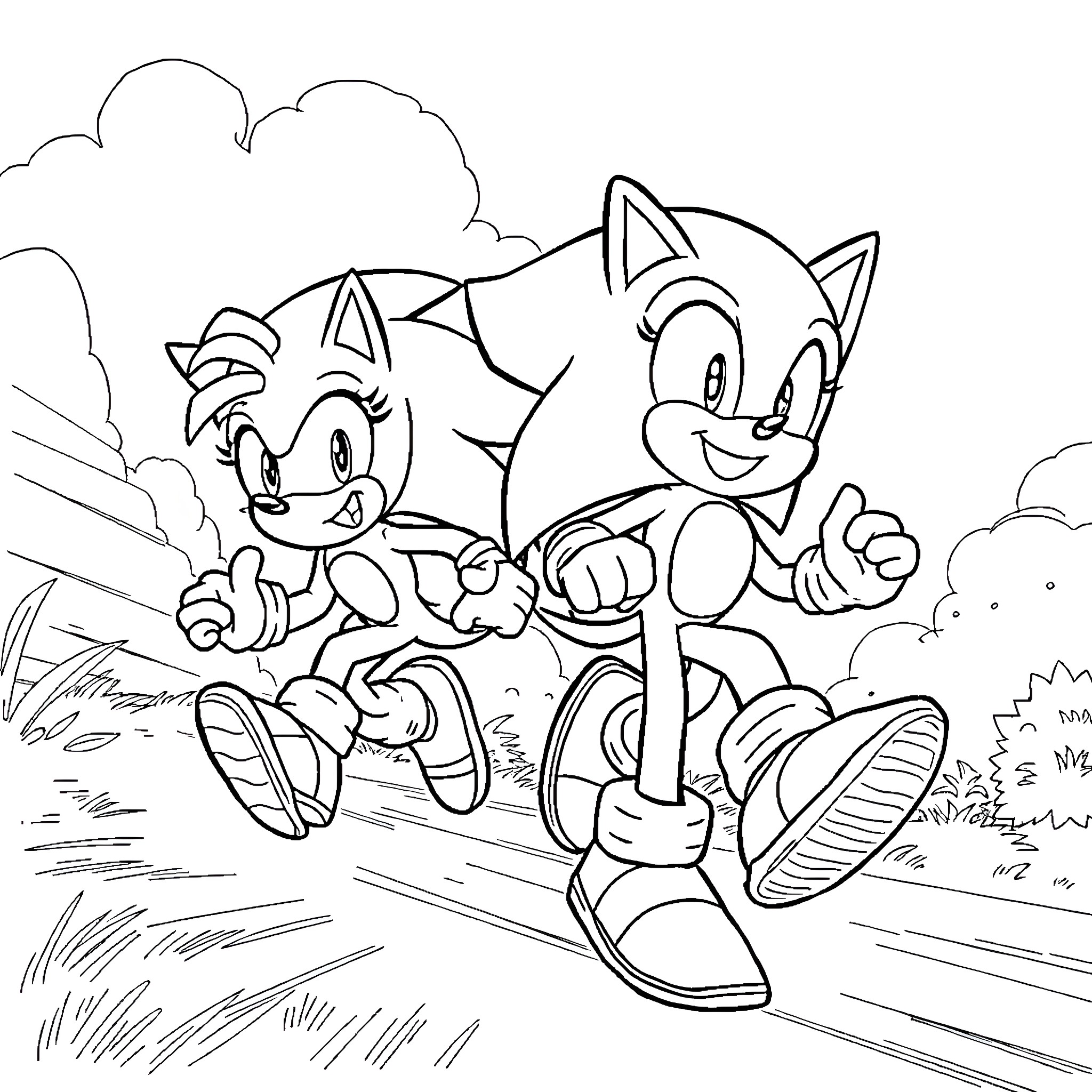 Sonic characters running and playing outdoors Coloring Page (free black-and-white line drawing printable PDF for all, from beginners to advanced learners, including children, teens, adults, and seniors)
