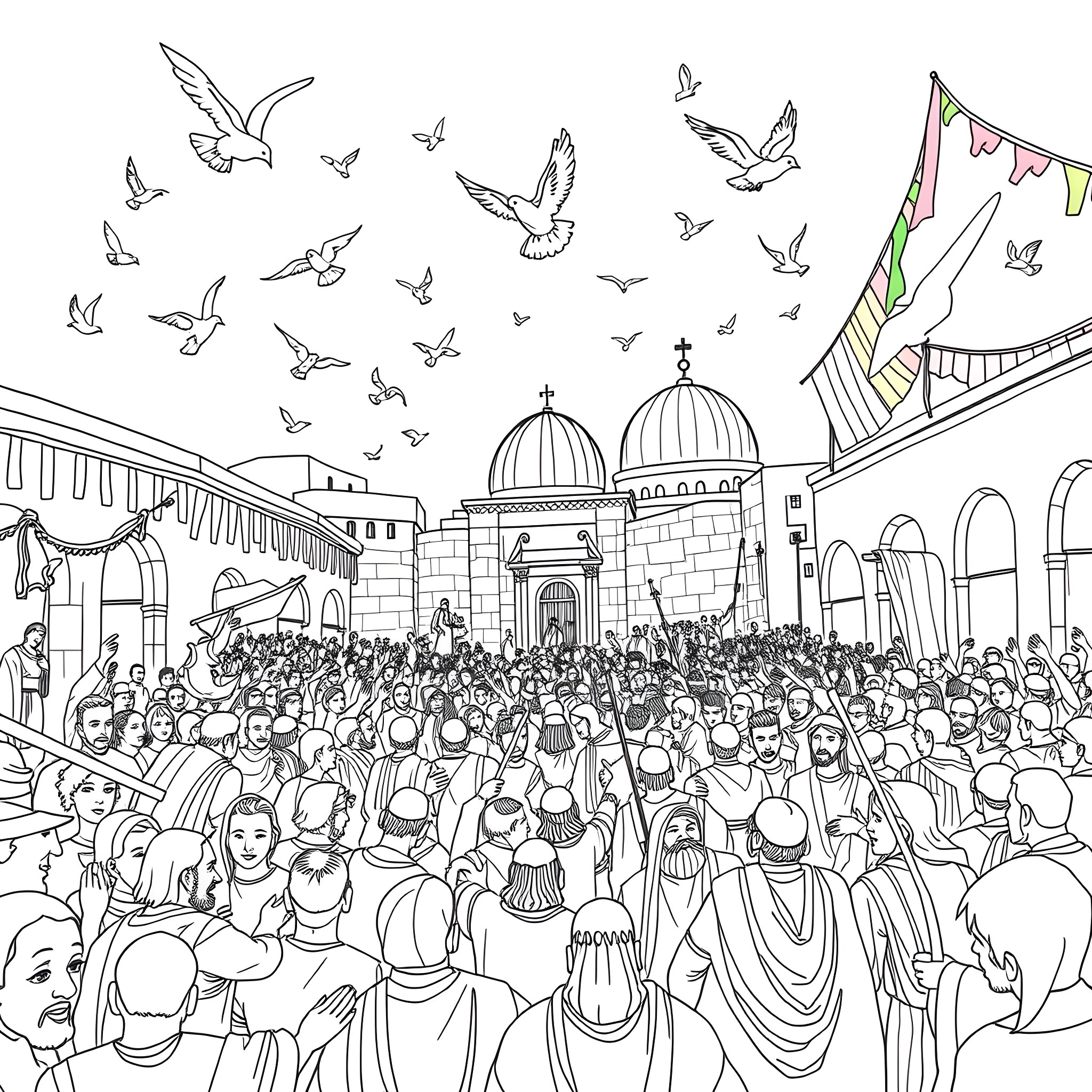 Pentecost celebration with a large crowd of people Coloring Page (free black-and-white line drawing printable PDF for all, from beginners to advanced learners, including children, teens, adults, and seniors)