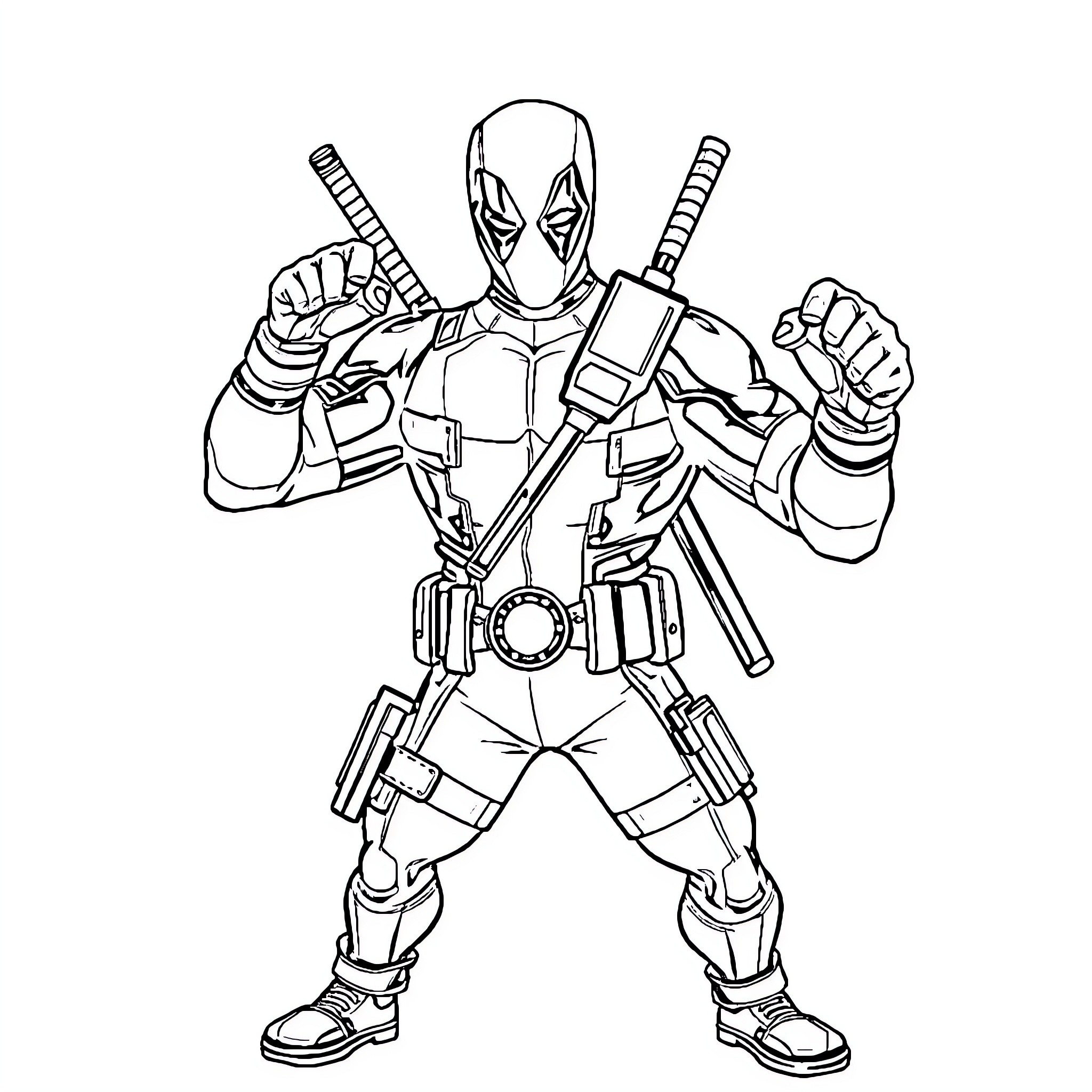 Deadpool posing in heroic action stance Coloring Page (free black-and-white line drawing printable PDF for all, from beginners to advanced learners, including children, teens, adults, and seniors)