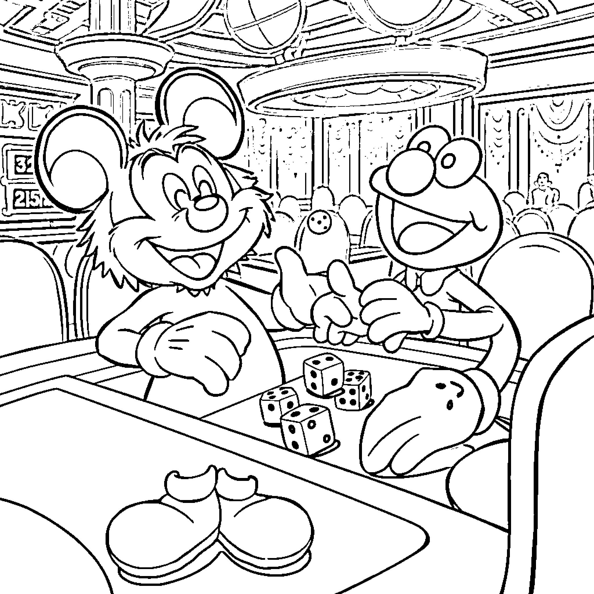 Elmo and friends playing games in the game room Coloring Page (free black-and-white line drawing printable PDF for all, from beginners to advanced learners, including children, teens, adults, and seniors)