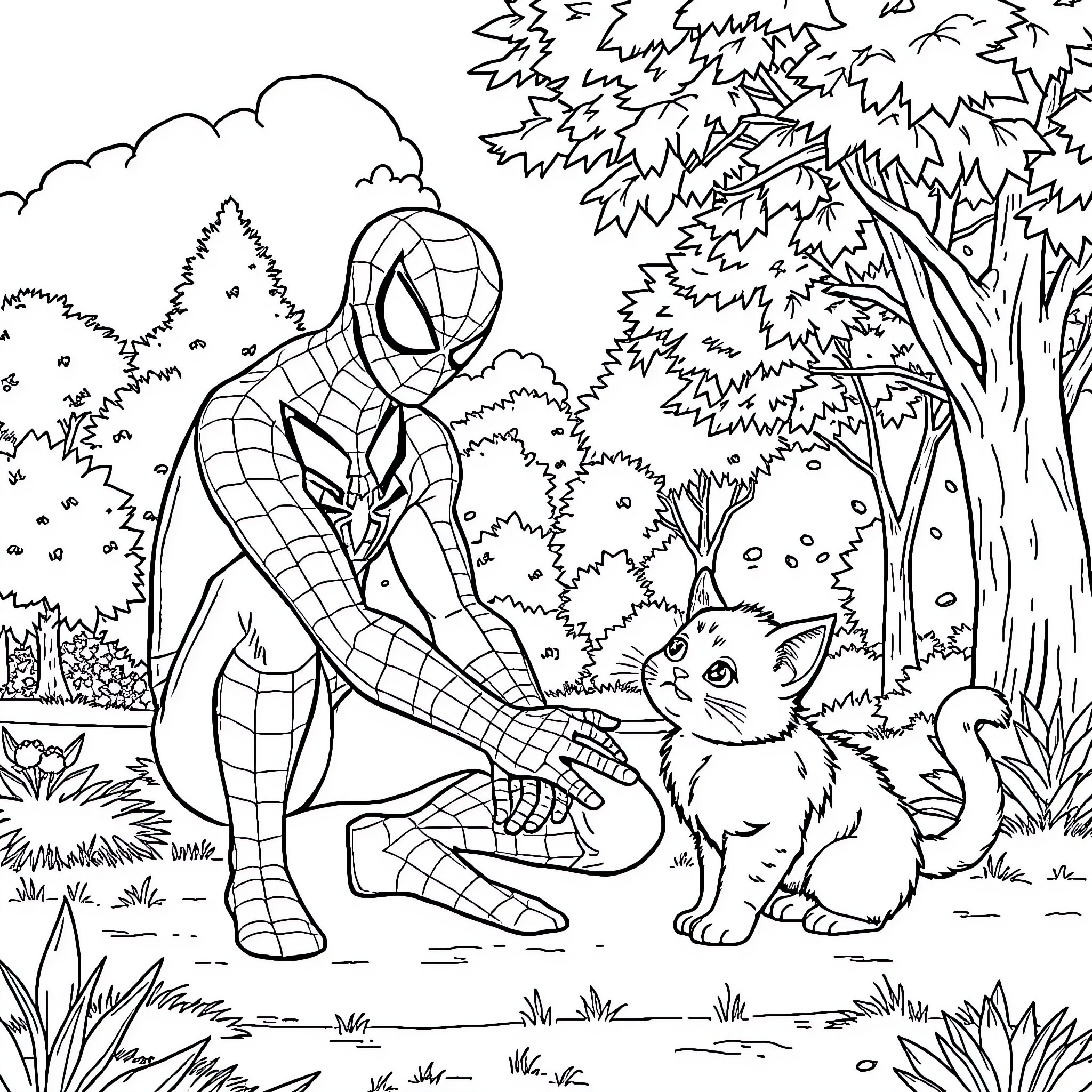 Spiderman interacting with a friendly forest animal Coloring Page (free black-and-white line drawing printable PDF for all, from beginners to advanced learners, including children, teens, adults, and seniors)