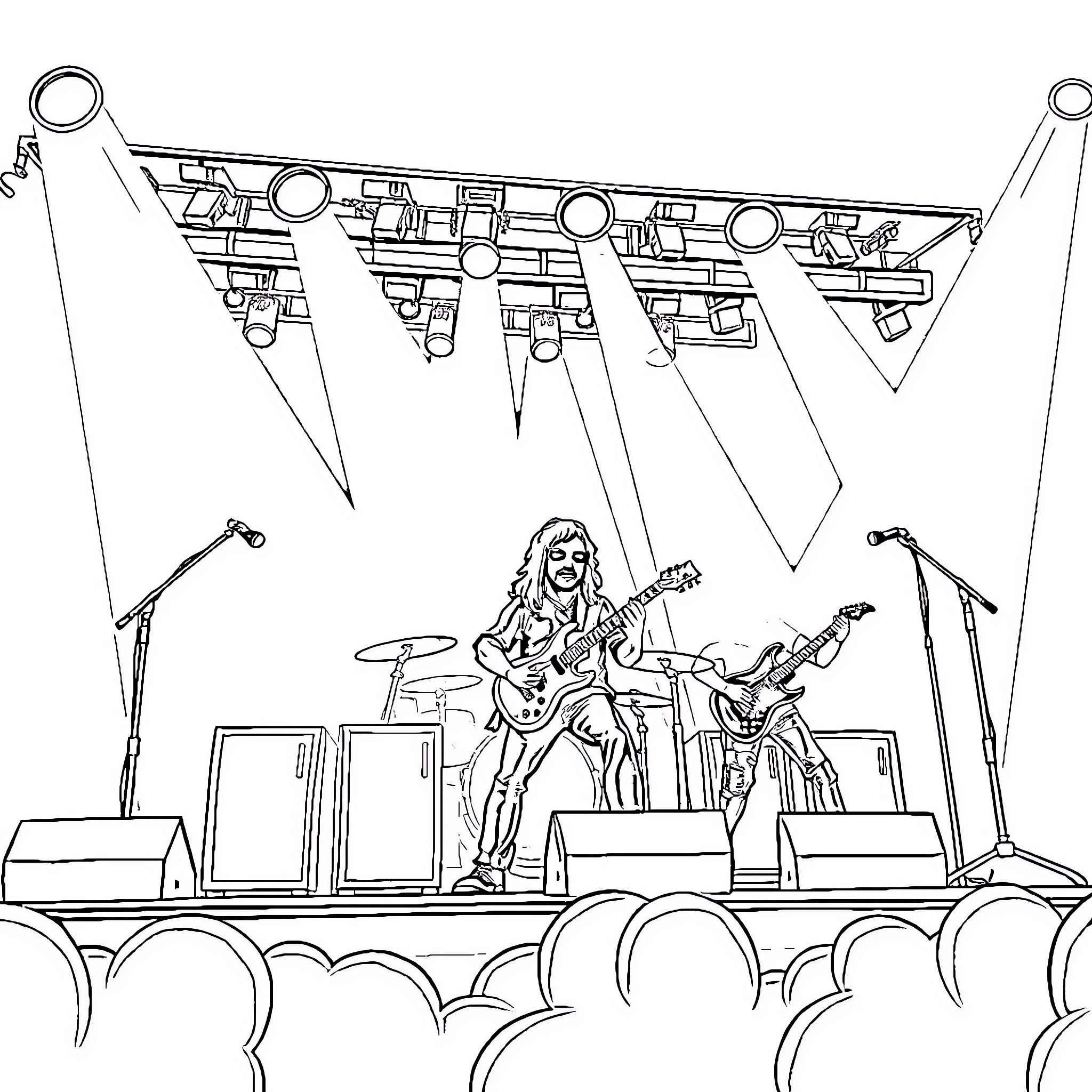 System of a Down: Energetic Live Performance Coloring Page (free black-and-white line drawing printable PDF for all, from beginners to advanced learners, including children, teens, adults, and seniors)