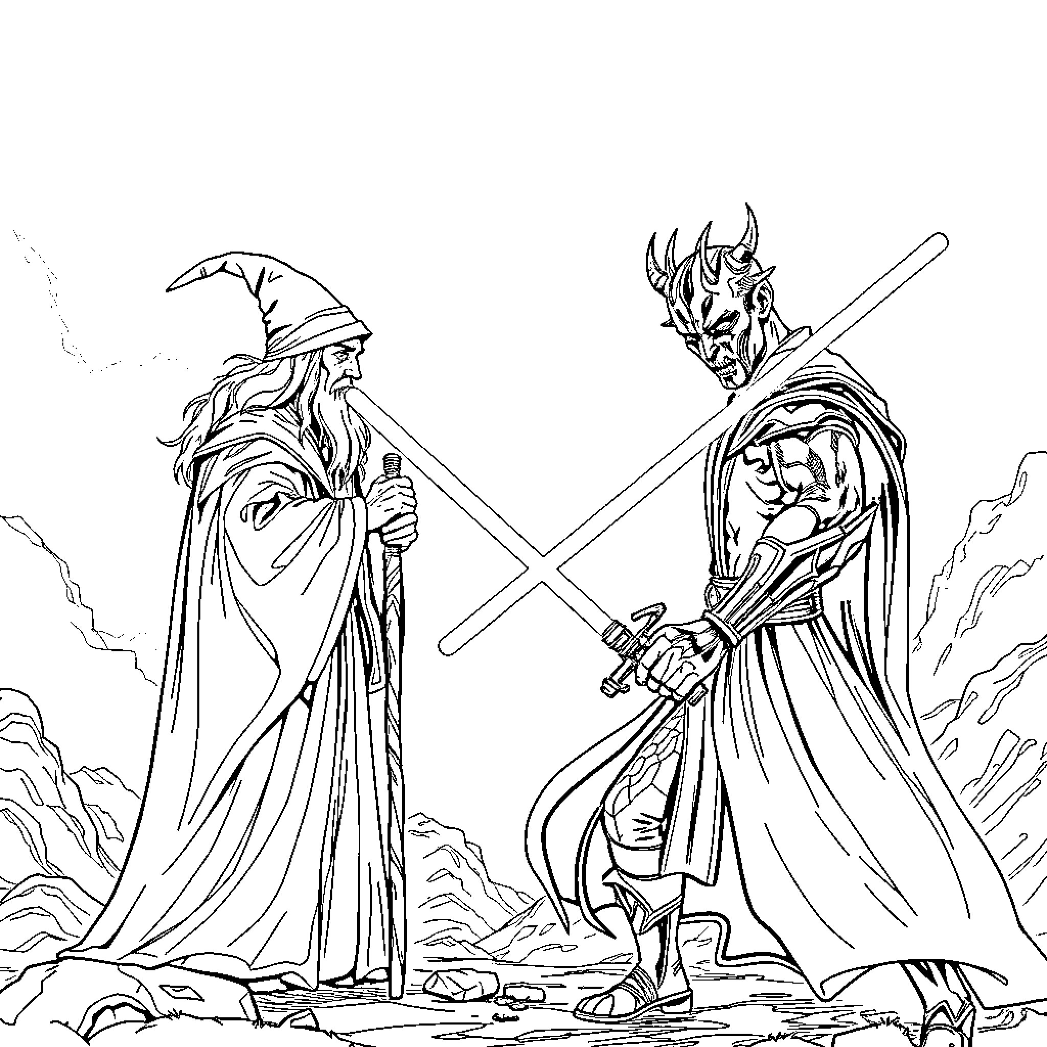 Gandalf facing off against a formidable foe in a dramatic encounter Coloring Page (free black-and-white line drawing printable PDF for all, from beginners to advanced learners, including children, teens, adults, and seniors)