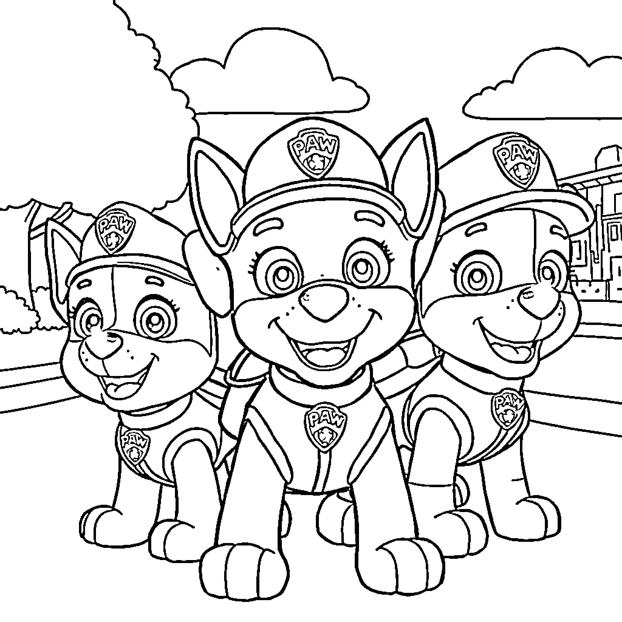 Paw Patrol Puppies in Uniform and Helmets Coloring Page (free black-and-white line drawing printable PDF for all, from beginners to advanced learners, including children, teens, adults, and seniors)