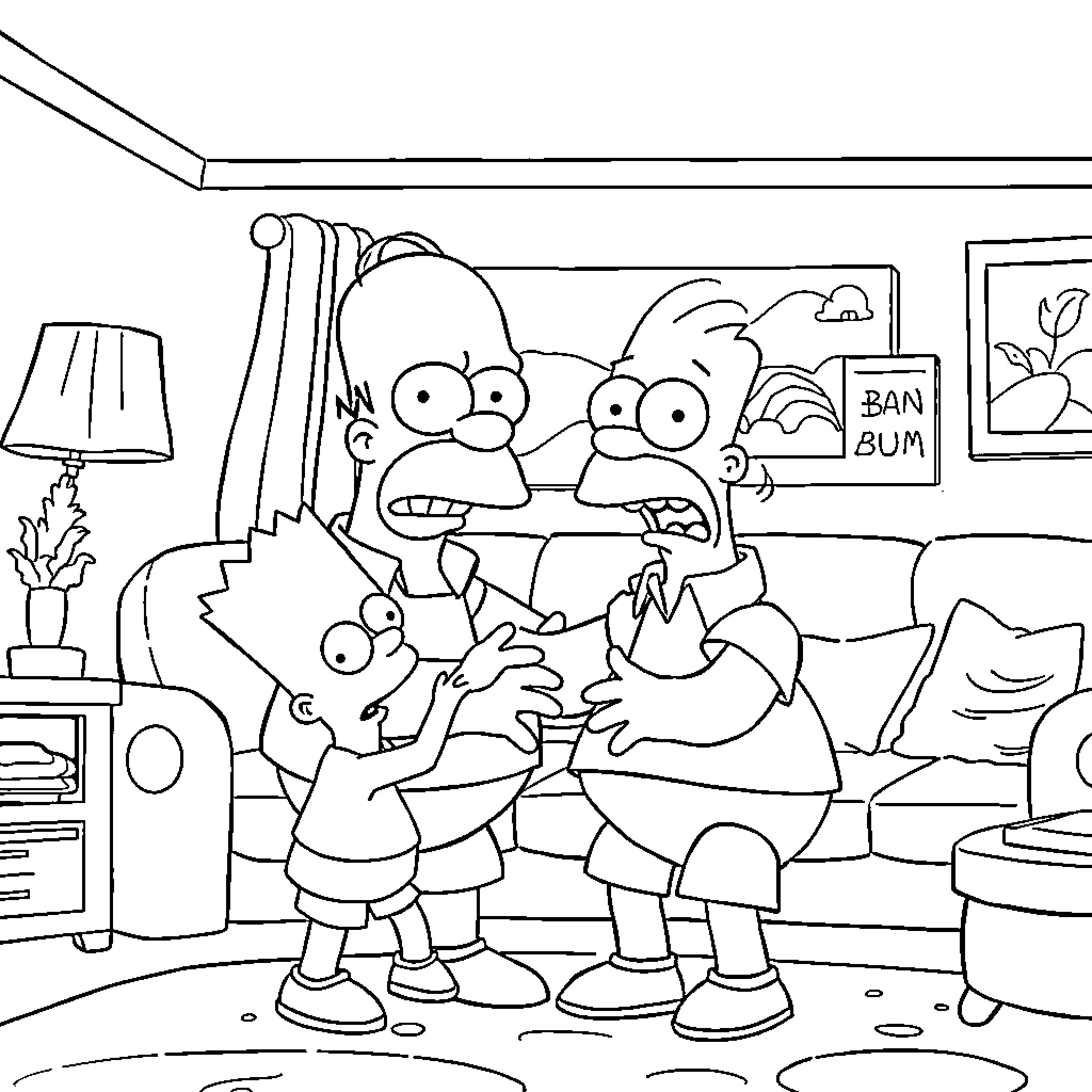 Homer Simpson and family having a humorous discussion Coloring Page (free black-and-white line drawing printable PDF for all, from beginners to advanced learners, including children, teens, adults, and seniors)
