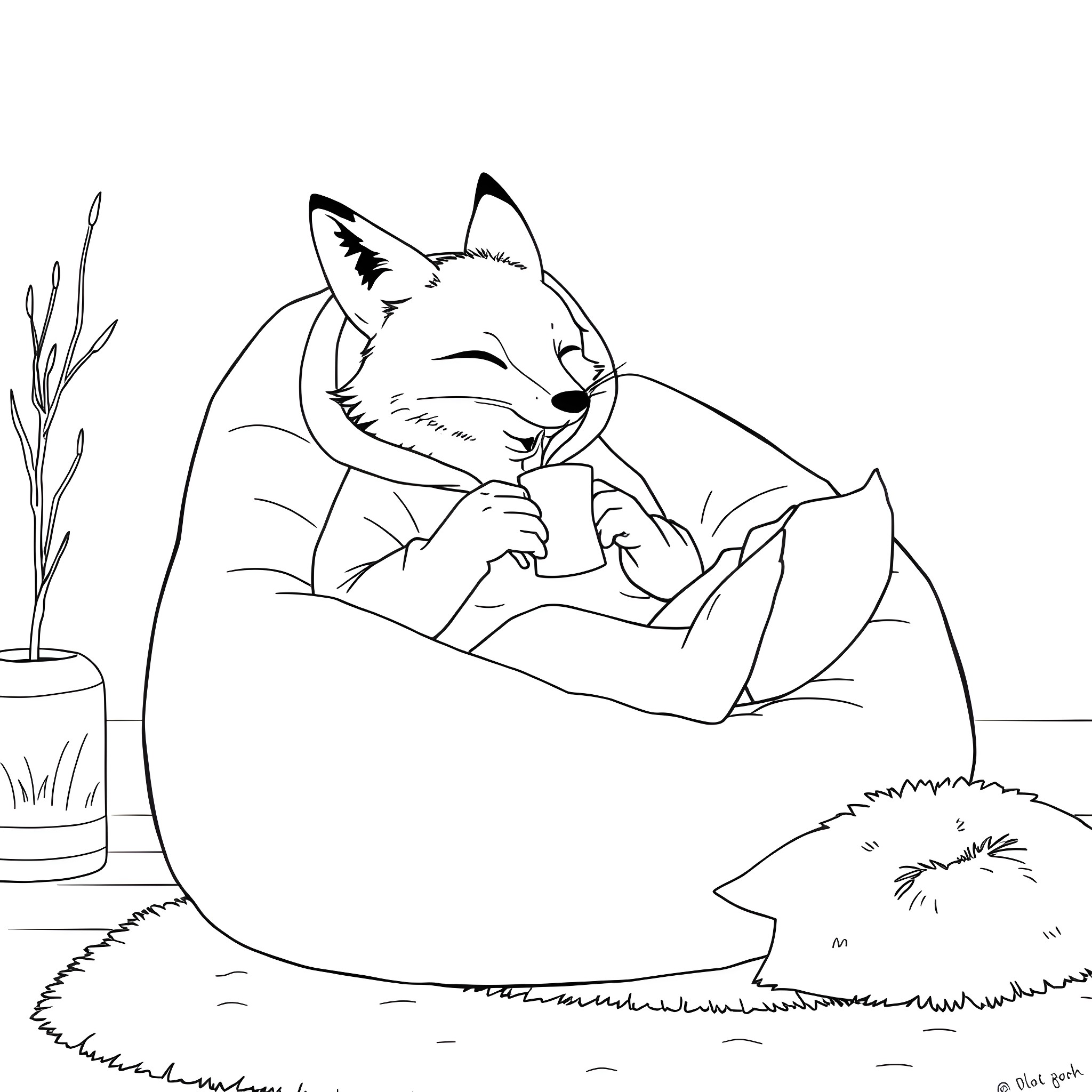 Fox resting contentedly in a comfortable chair Coloring Page (free black-and-white line drawing printable PDF for all, from beginners to advanced learners, including children, teens, adults, and seniors)