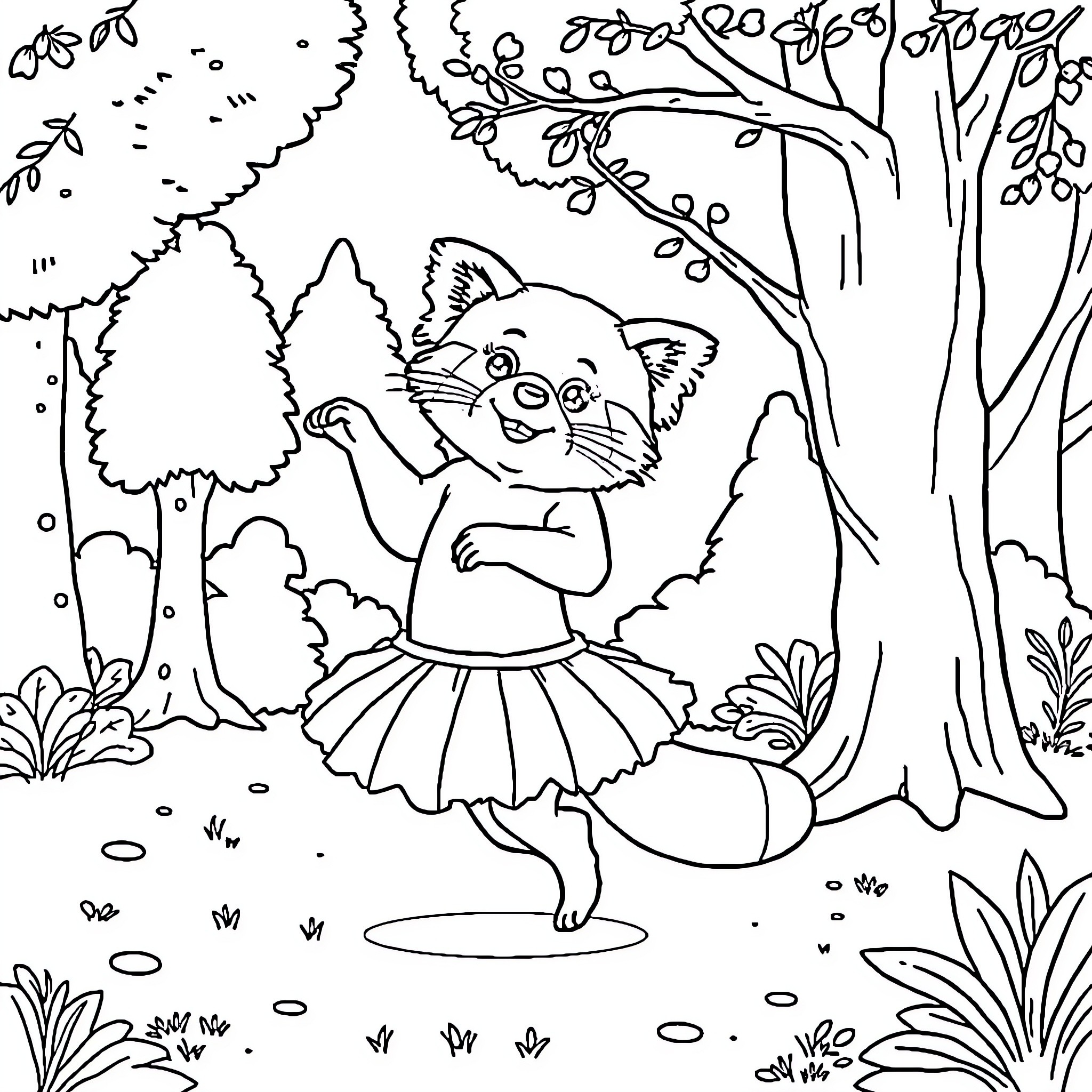 Panda ballerina dancing in the forest Coloring Page (free black-and-white line drawing printable PDF for all, from beginners to advanced learners, including children, teens, adults, and seniors)