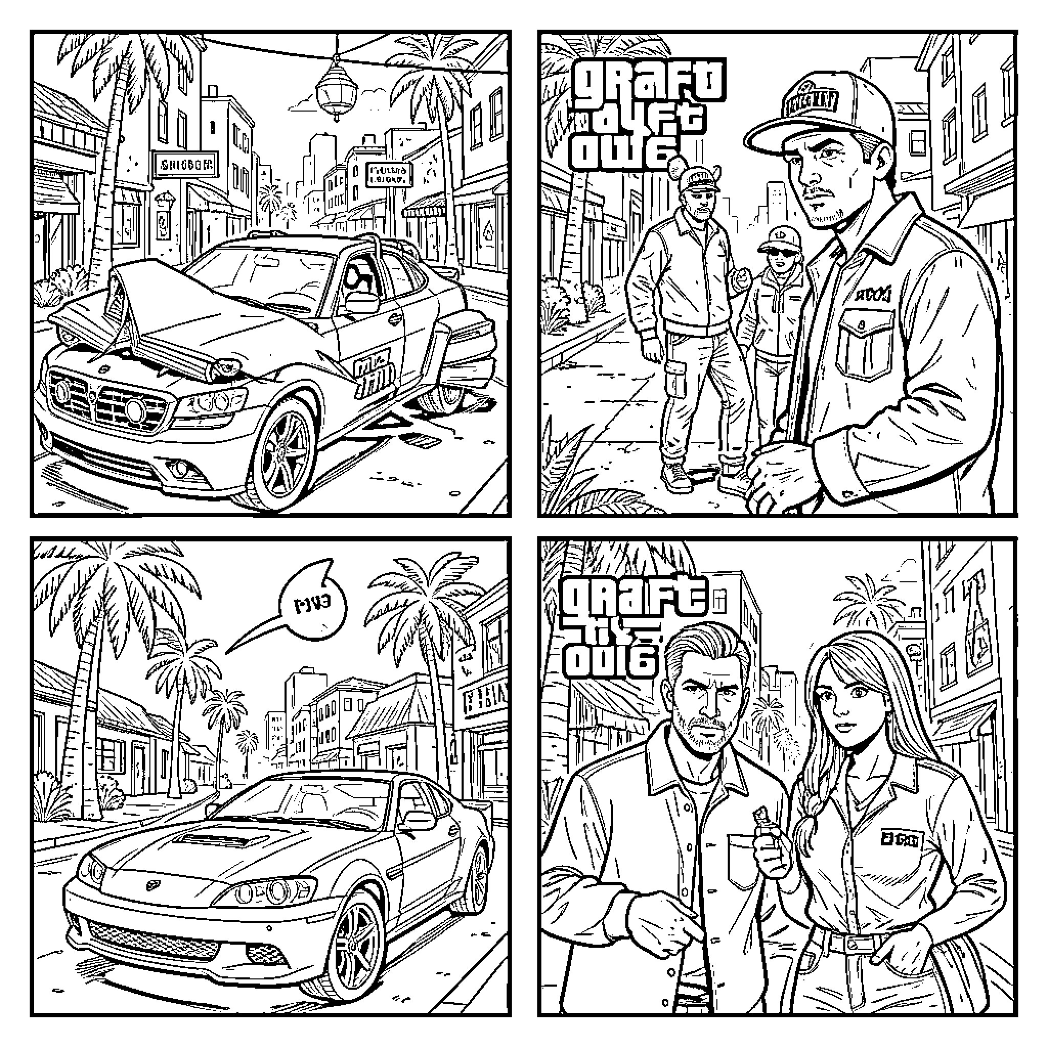 GTA characters posing with luxury sports cars Coloring Page (free black-and-white line drawing printable PDF for all, from beginners to advanced learners, including children, teens, adults, and seniors)