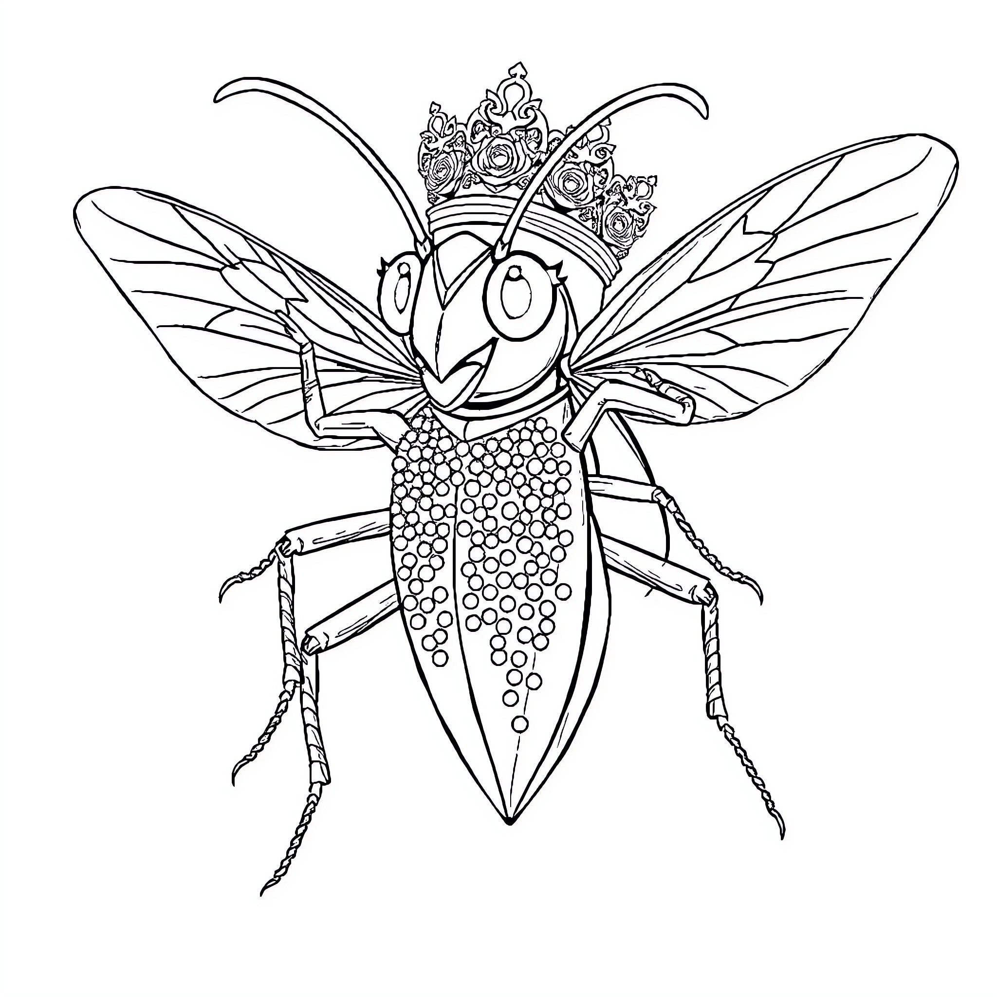 Cockroach with ornate crown and whimsical expression Coloring Page (free black-and-white line drawing printable PDF for all, from beginners to advanced learners, including children, teens, adults, and seniors)