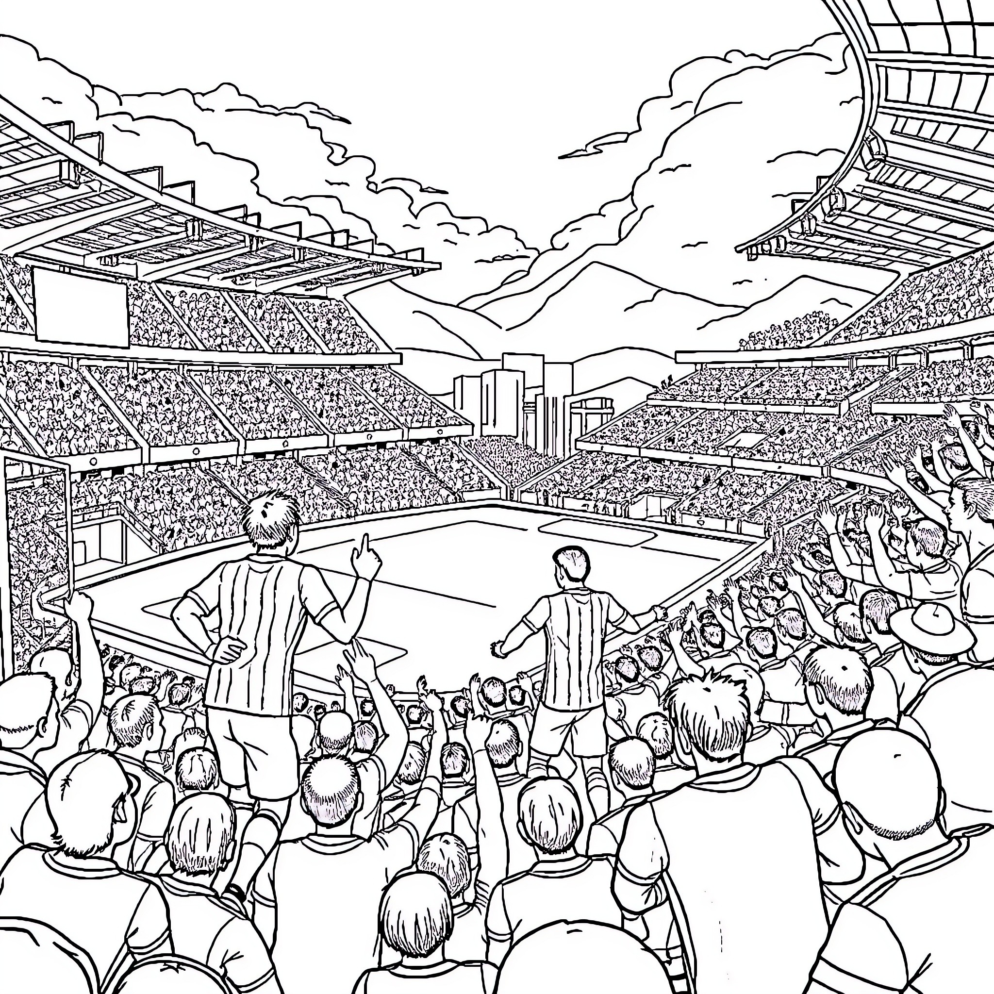 Santiago Wanderers Soccer Match with Cheering Crowd Coloring Page (free black-and-white line drawing printable PDF for all, from beginners to advanced learners, including children, teens, adults, and seniors)