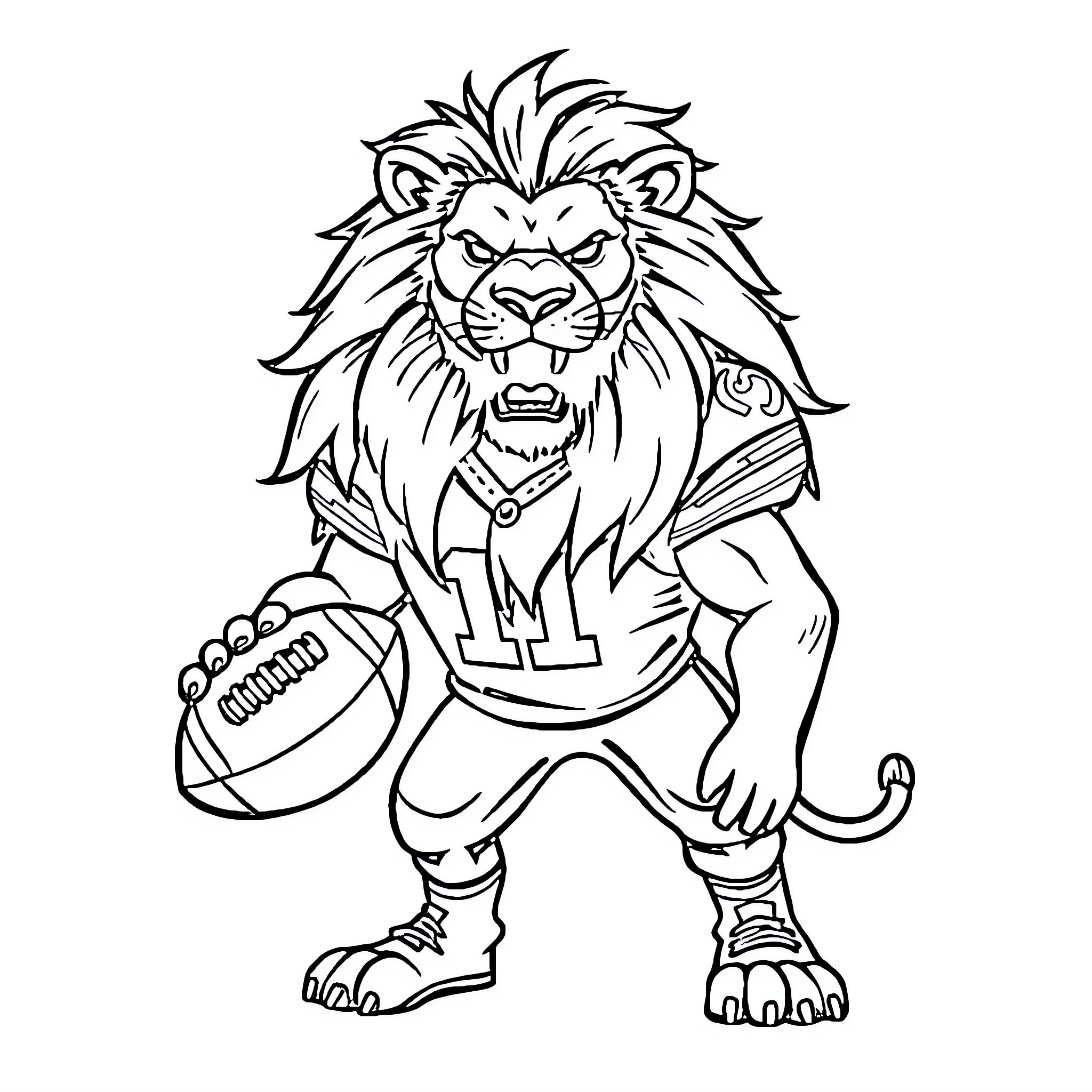 Lion Roaring with Football in Sports Uniform Coloring Page (free black-and-white line drawing printable PDF for all, from beginners to advanced learners, including children, teens, adults, and seniors)