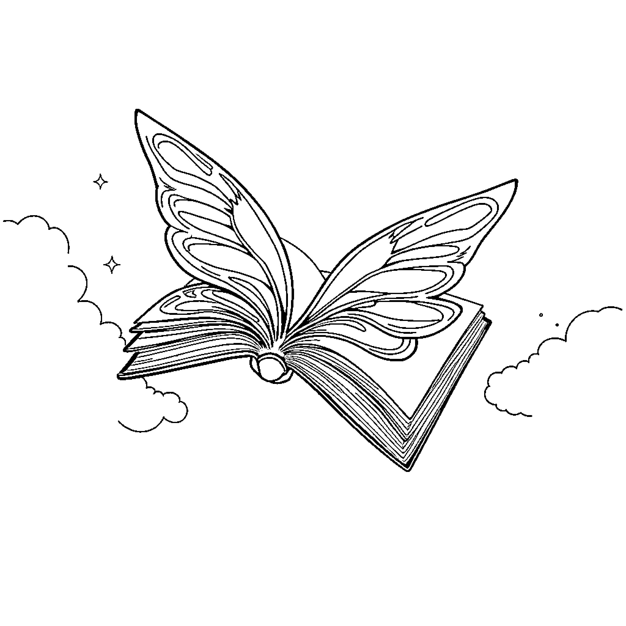 Book with Butterfly Wings Floating in the Sky Coloring Page (free black-and-white line drawing printable PDF for all, from beginners to advanced learners, including children, teens, adults, and seniors)