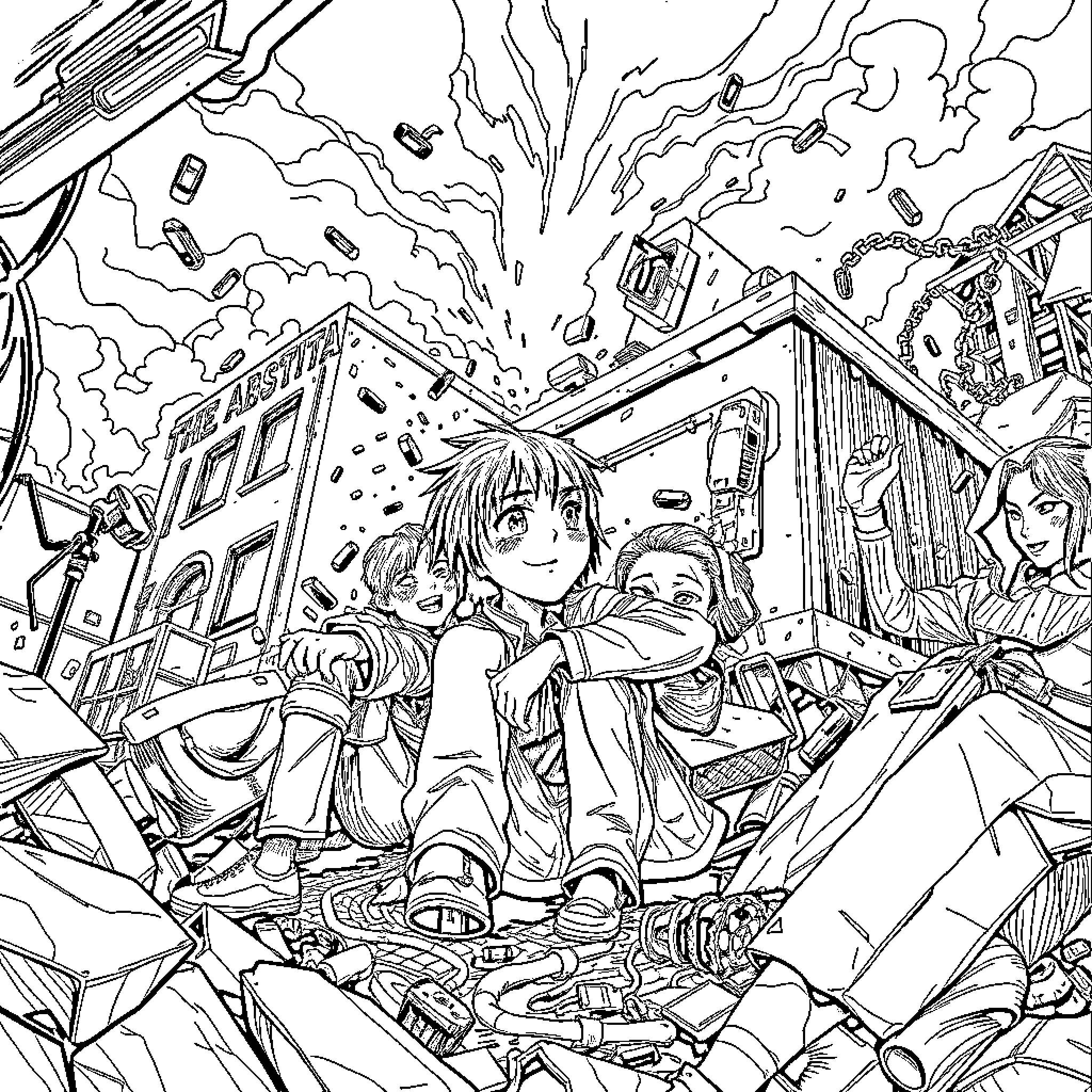 Peter's Explosive Adventure in the Chaotic City Coloring Page (free black-and-white line drawing printable PDF for all, from beginners to advanced learners, including children, teens, adults, and seniors)