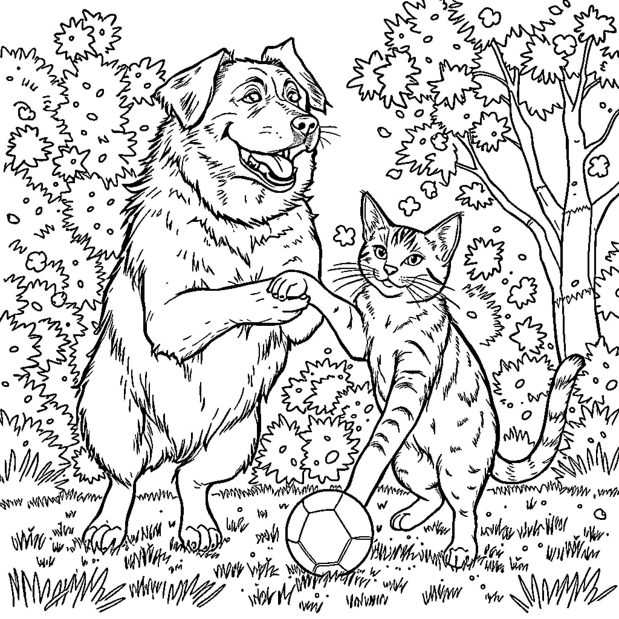 Perro and cat playing in a field Coloring Page (free black-and-white line drawing printable PDF for all, from beginners to advanced learners, including children, teens, adults, and seniors)