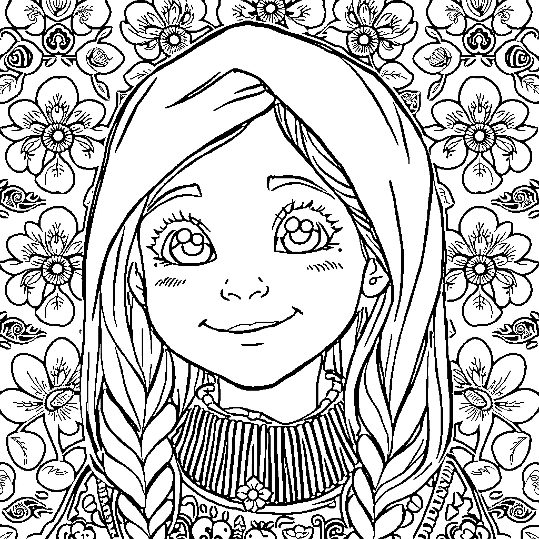Alani's Floral Reverie Coloring Page (free black-and-white line drawing printable PDF for all, from beginners to advanced learners, including children, teens, adults, and seniors)