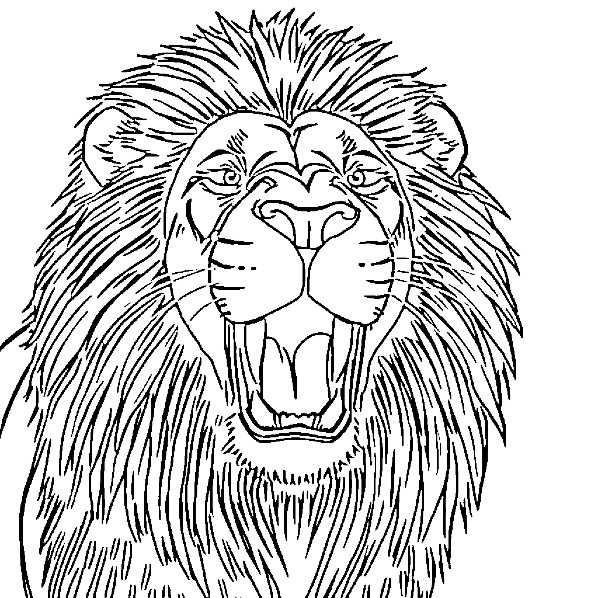 Lion with expressive face and lush mane Coloring Page (free black-and-white line drawing printable PDF for all, from beginners to advanced learners, including children, teens, adults, and seniors)