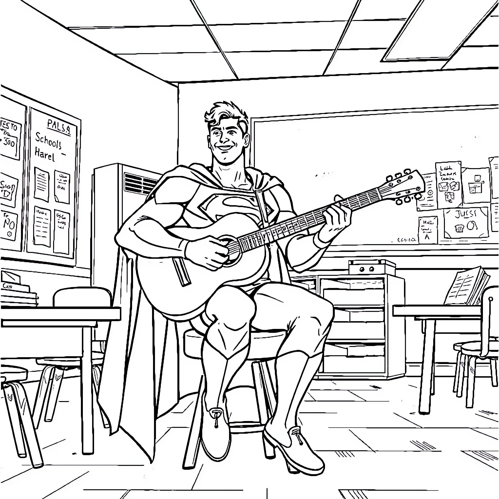 Superman Playing Guitar in Classroom Coloring Page (free black-and-white line drawing printable PDF for all, from beginners to advanced learners, including children, teens, adults, and seniors)