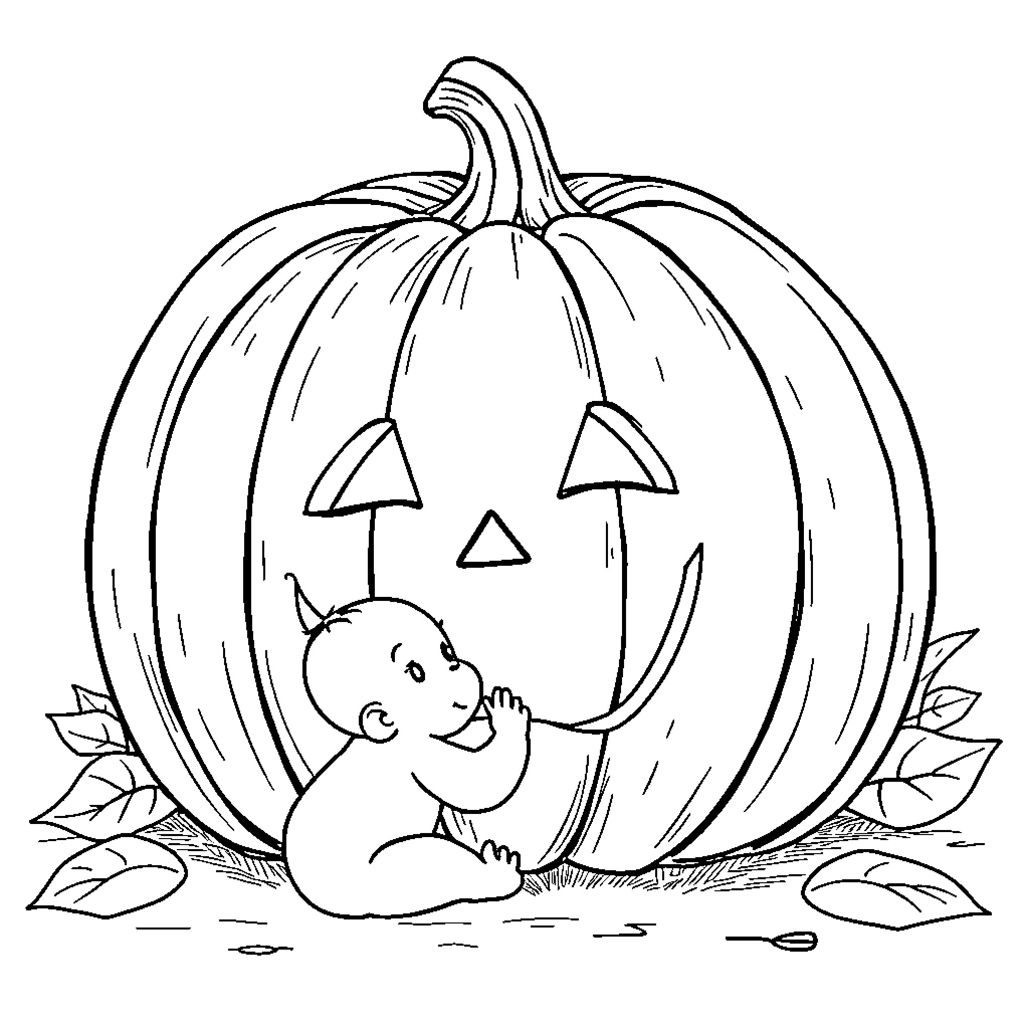 Pumpkin with cat playing in leaves Coloring Page (free black-and-white line drawing printable PDF for all, from beginners to advanced learners, including children, teens, adults, and seniors)