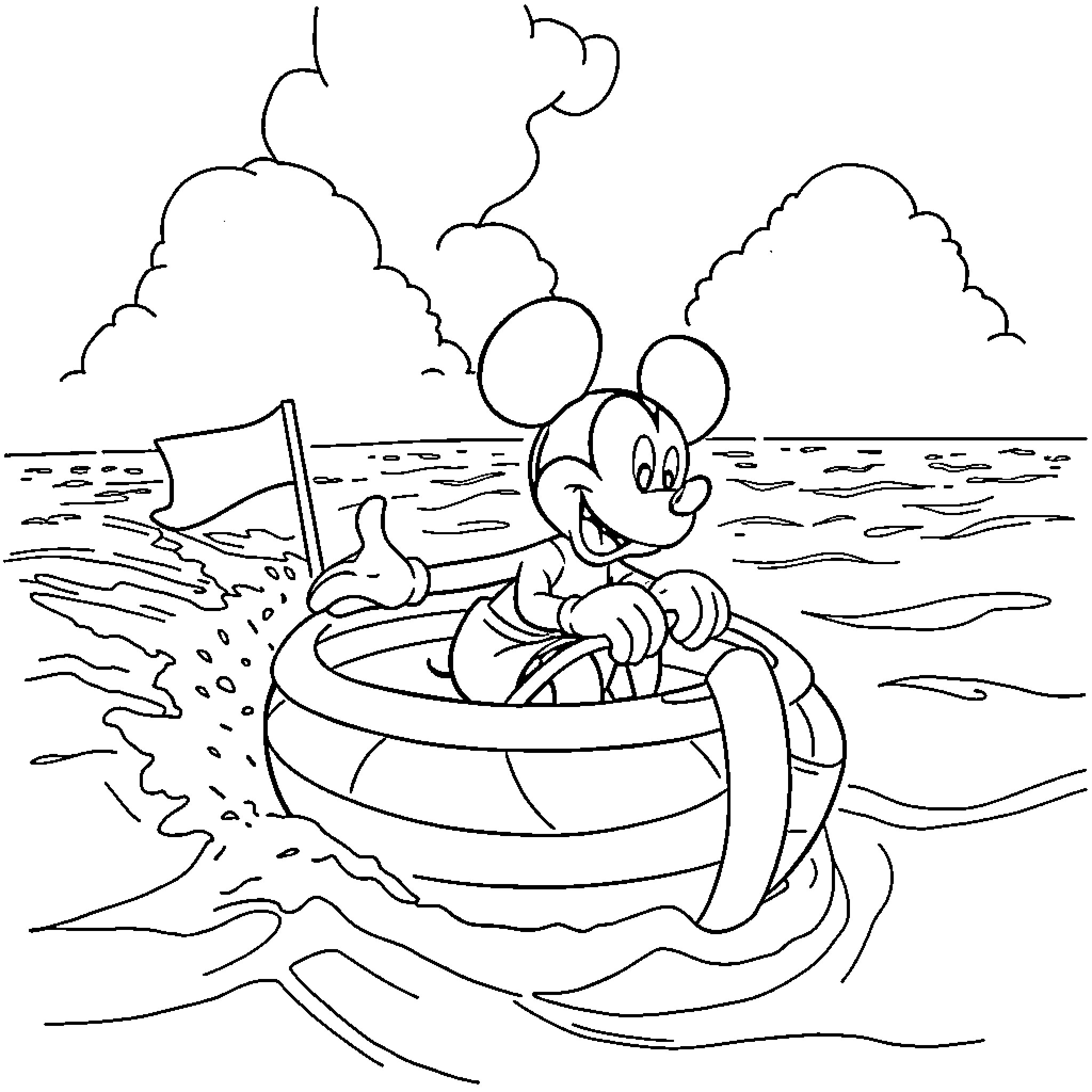 Mickey Mouse enjoying a relaxing boat ride Coloring Page (free black-and-white line drawing printable PDF for all, from beginners to advanced learners, including children, teens, adults, and seniors)