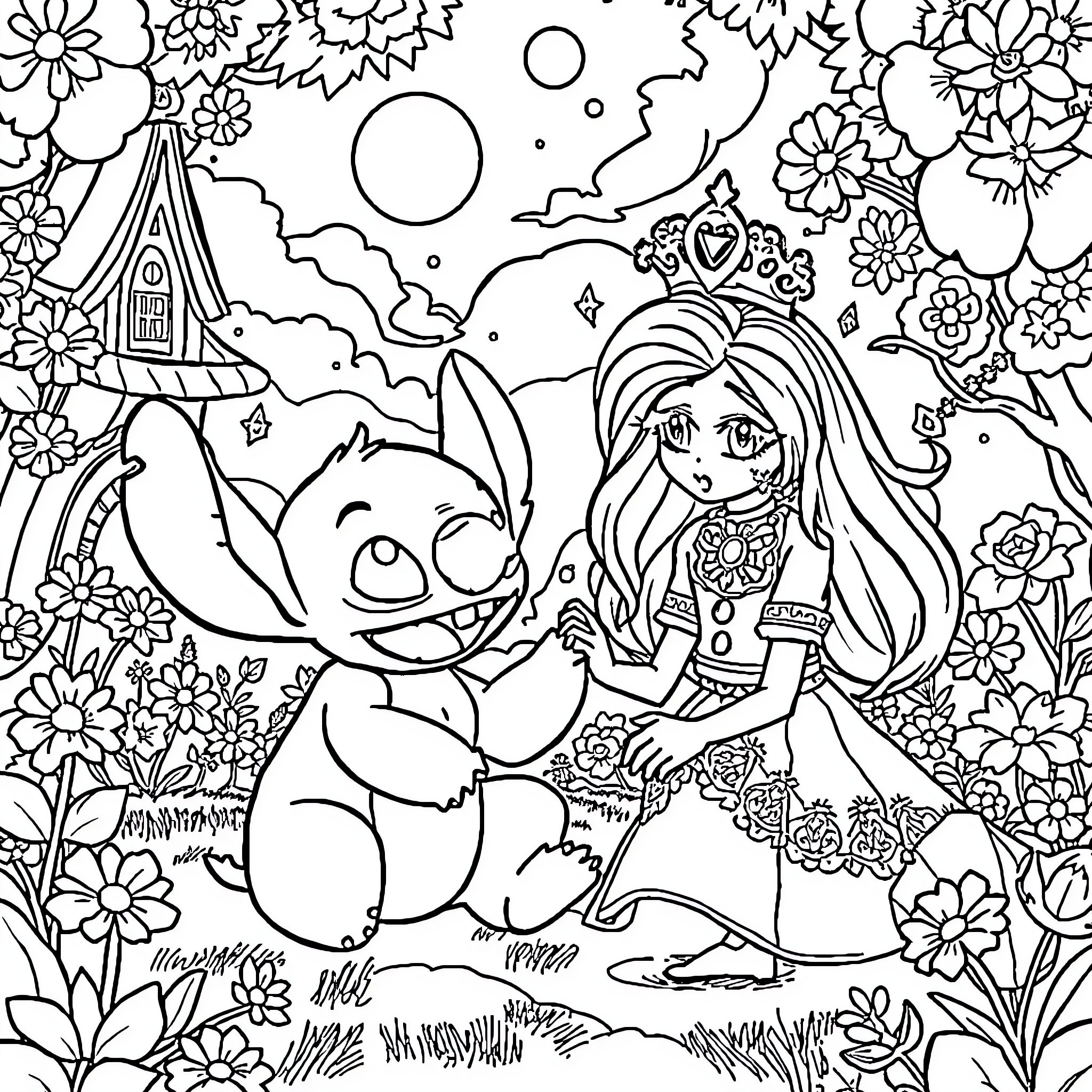 Stitch and Princess in a Floral Fantasy Coloring Page (free black-and-white line drawing printable PDF for all, from beginners to advanced learners, including children, teens, adults, and seniors)