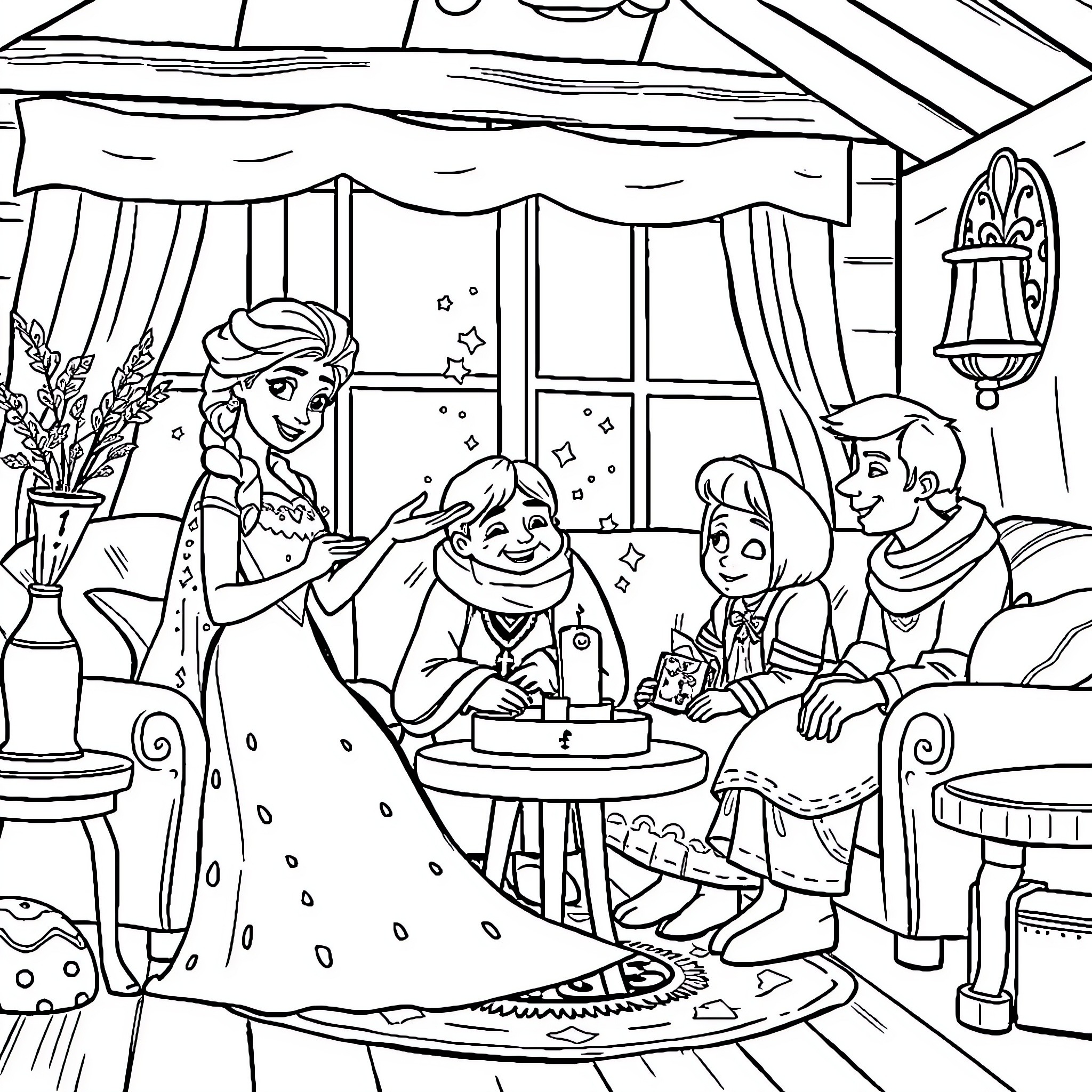 Elsa celebrating a family gathering in a cozy cottage Coloring Page (free black-and-white line drawing printable PDF for all, from beginners to advanced learners, including children, teens, adults, and seniors)