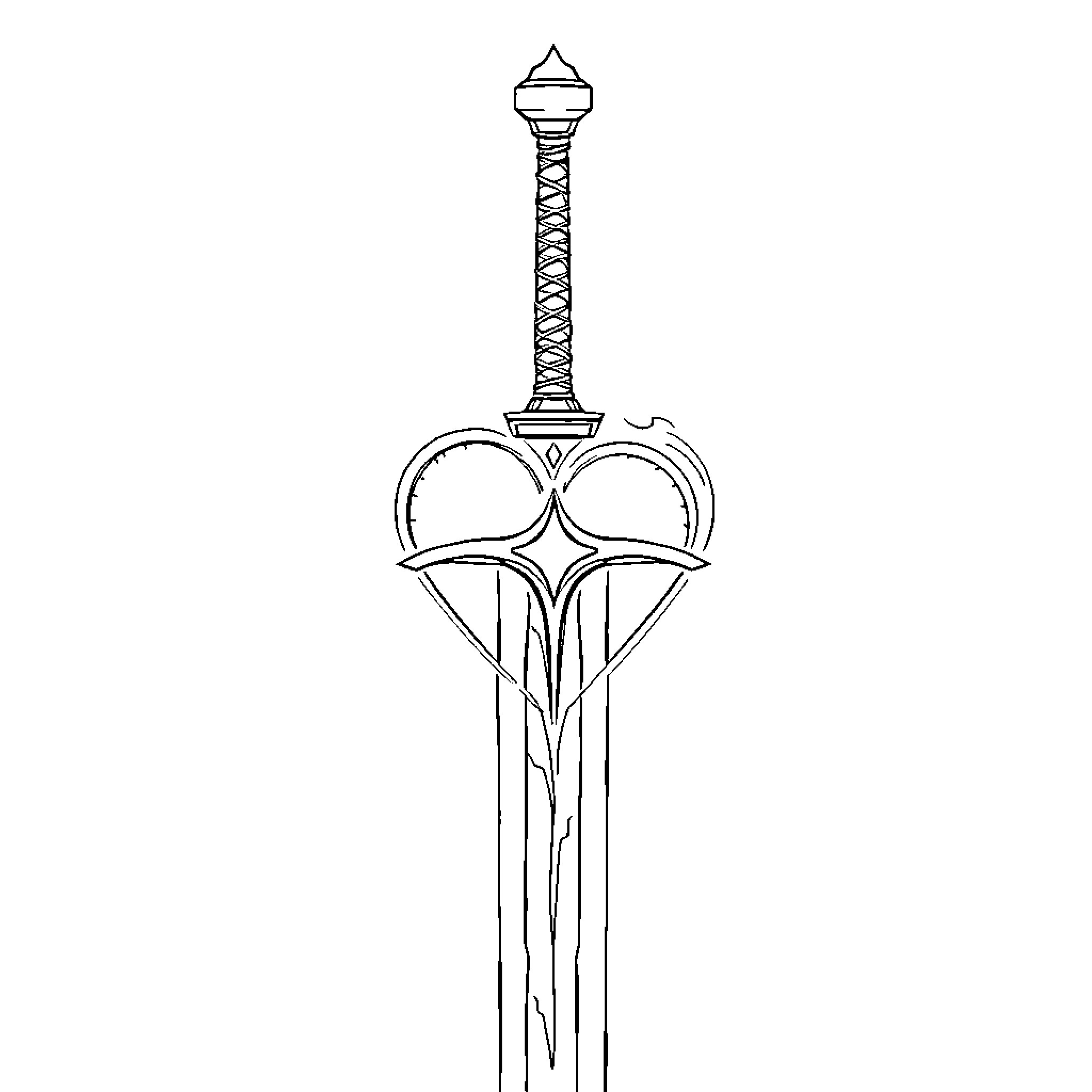 Heart Sword with Intricate Hilt Design Coloring Page (free black-and-white line drawing printable PDF for all, from beginners to advanced learners, including children, teens, adults, and seniors)
