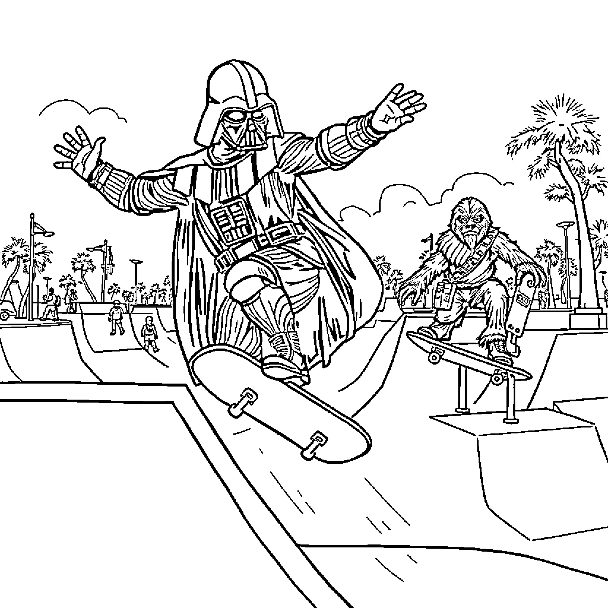 Darth Vader skateboarding with action and excitement Coloring Page (free black-and-white line drawing printable PDF for all, from beginners to advanced learners, including children, teens, adults, and seniors)