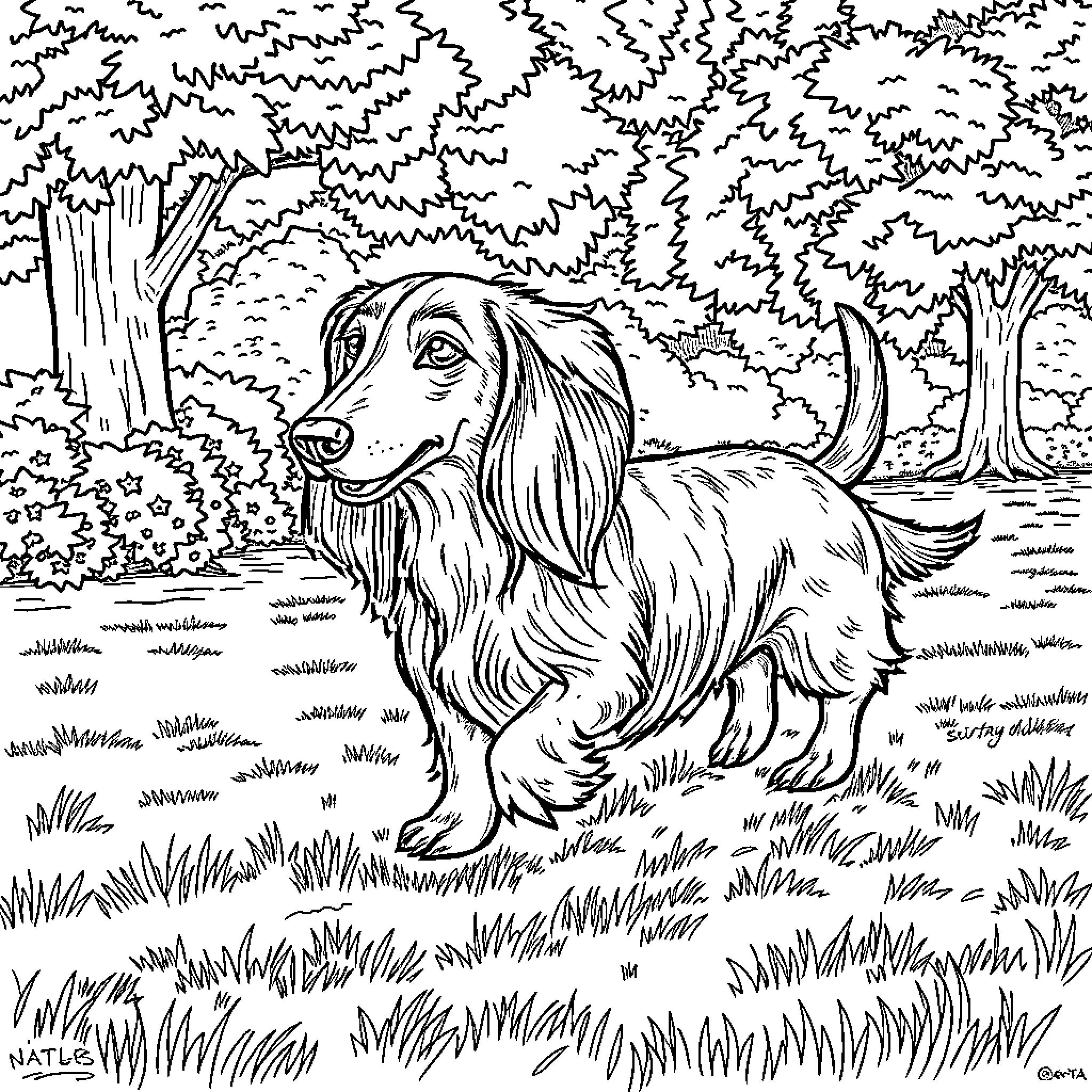 Dachshund exploring the forest Coloring Page (free black-and-white line drawing printable PDF for all, from beginners to advanced learners, including children, teens, adults, and seniors)