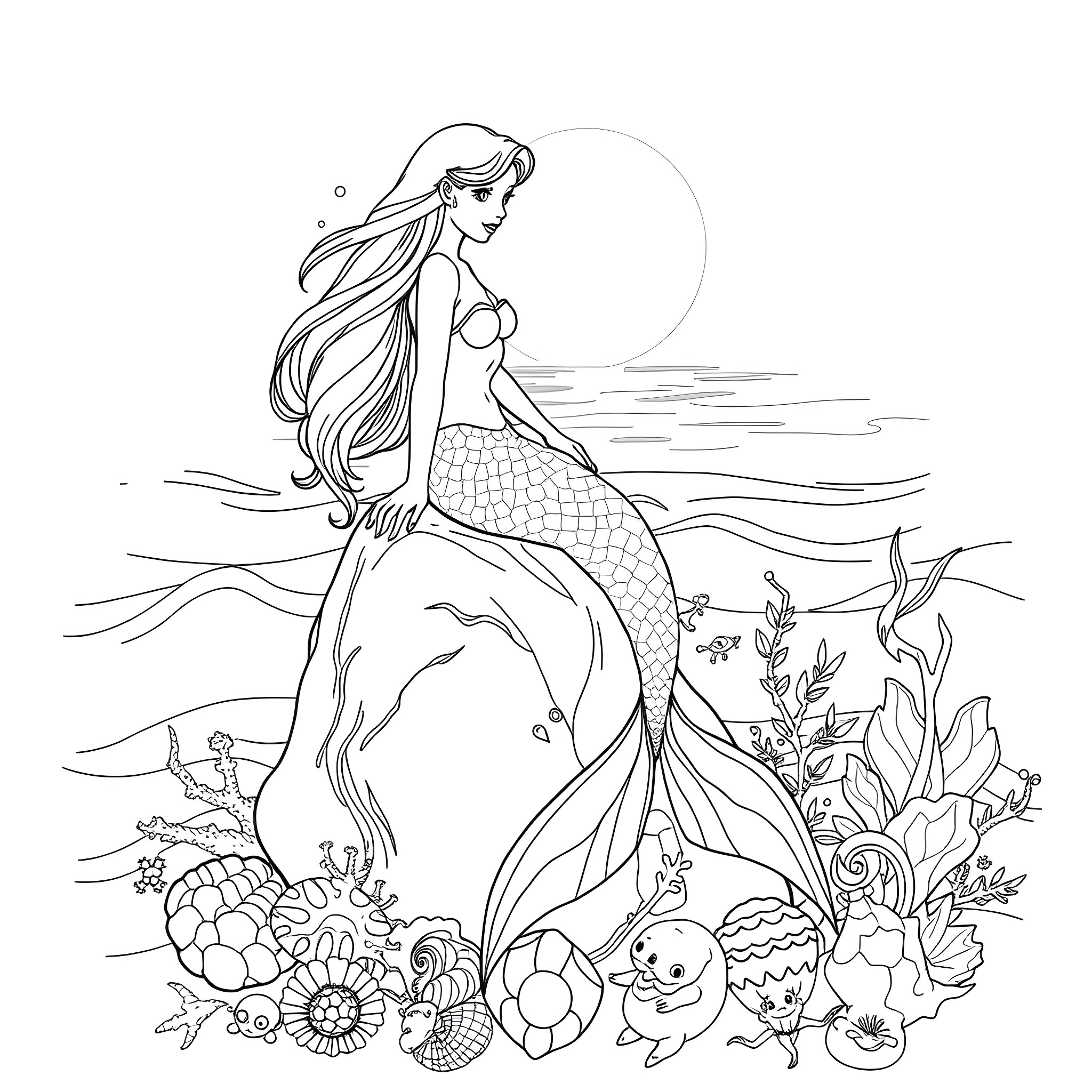 Mermaid swimming gracefully in the ocean Coloring Page (free black-and-white line drawing printable PDF for all, from beginners to advanced learners, including children, teens, adults, and seniors)